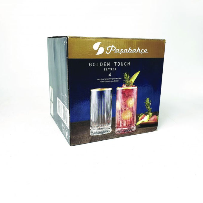 Pasabahce Elysia Hiball Glass Tumbler 445ml Gold Rim 4pack 23056