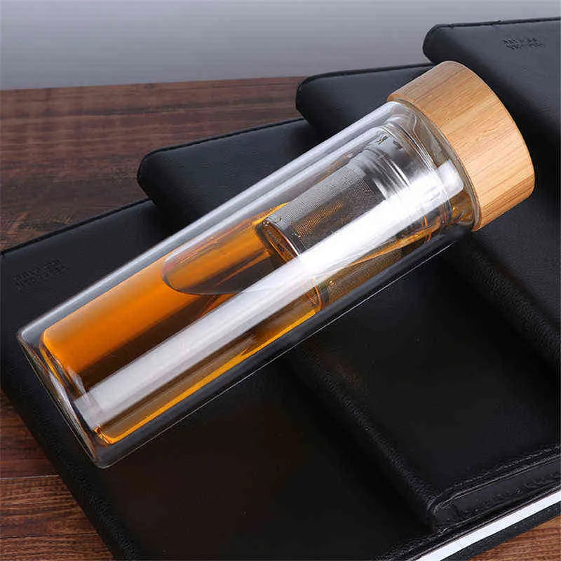 Glass Drinking Bottle 600ml Double Wall with Infuser & Bamboo Lid 27133