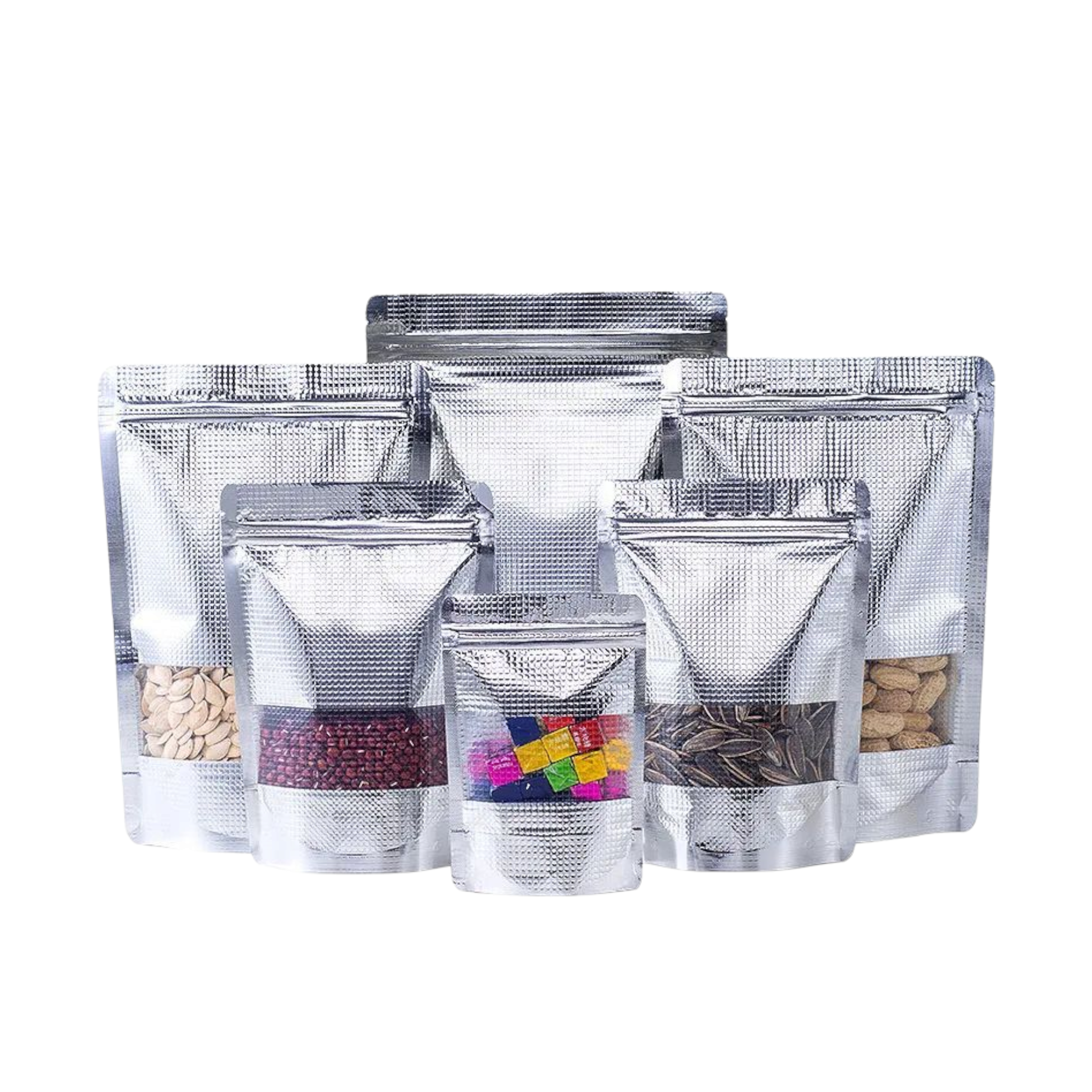 Aluminium Silver Embossed Metalized Zip Lock Resealable Stand-Up Foil Bag with Window 10pack