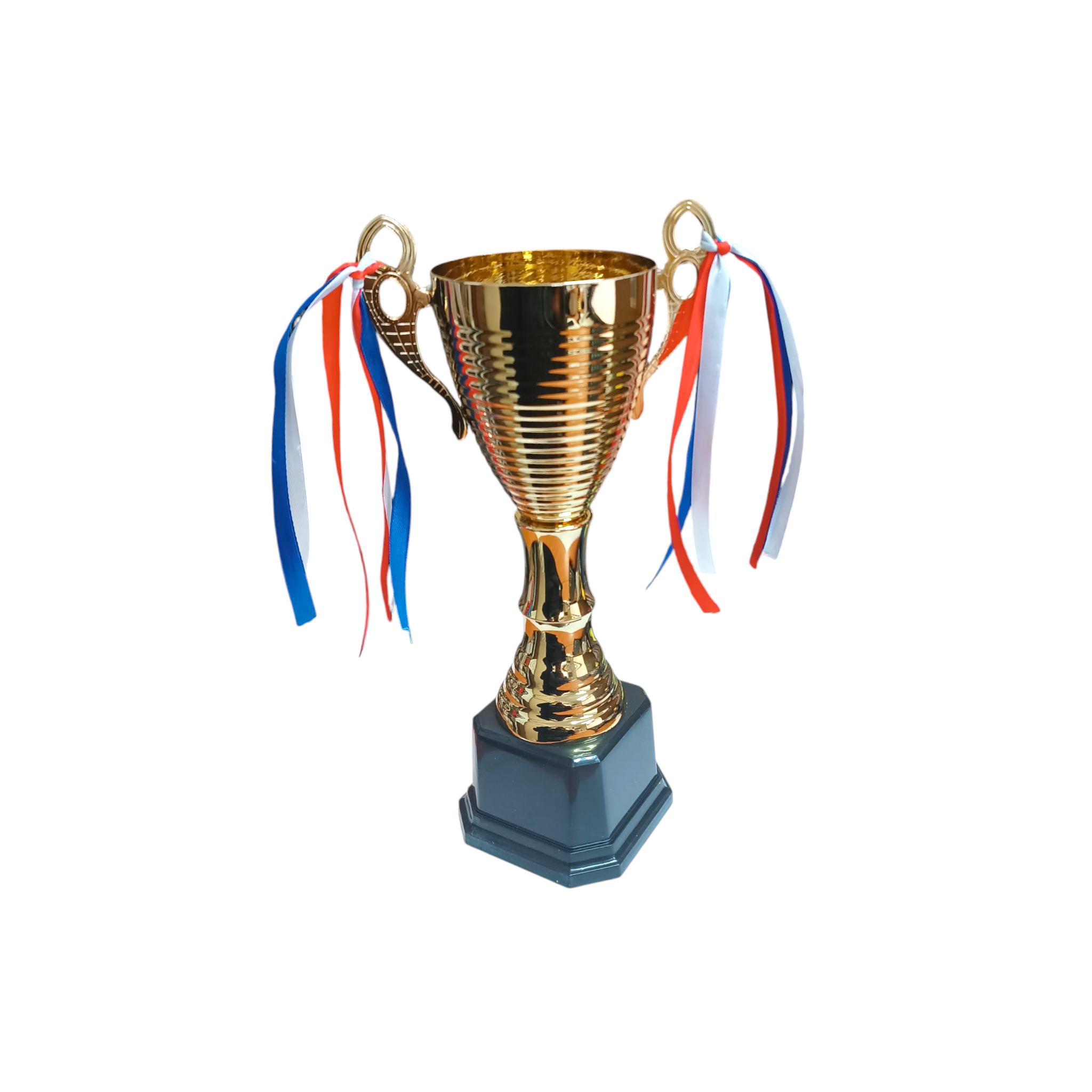 Gold Metal Trophy Cup with Black Plastic Base Ribbon 37cm
