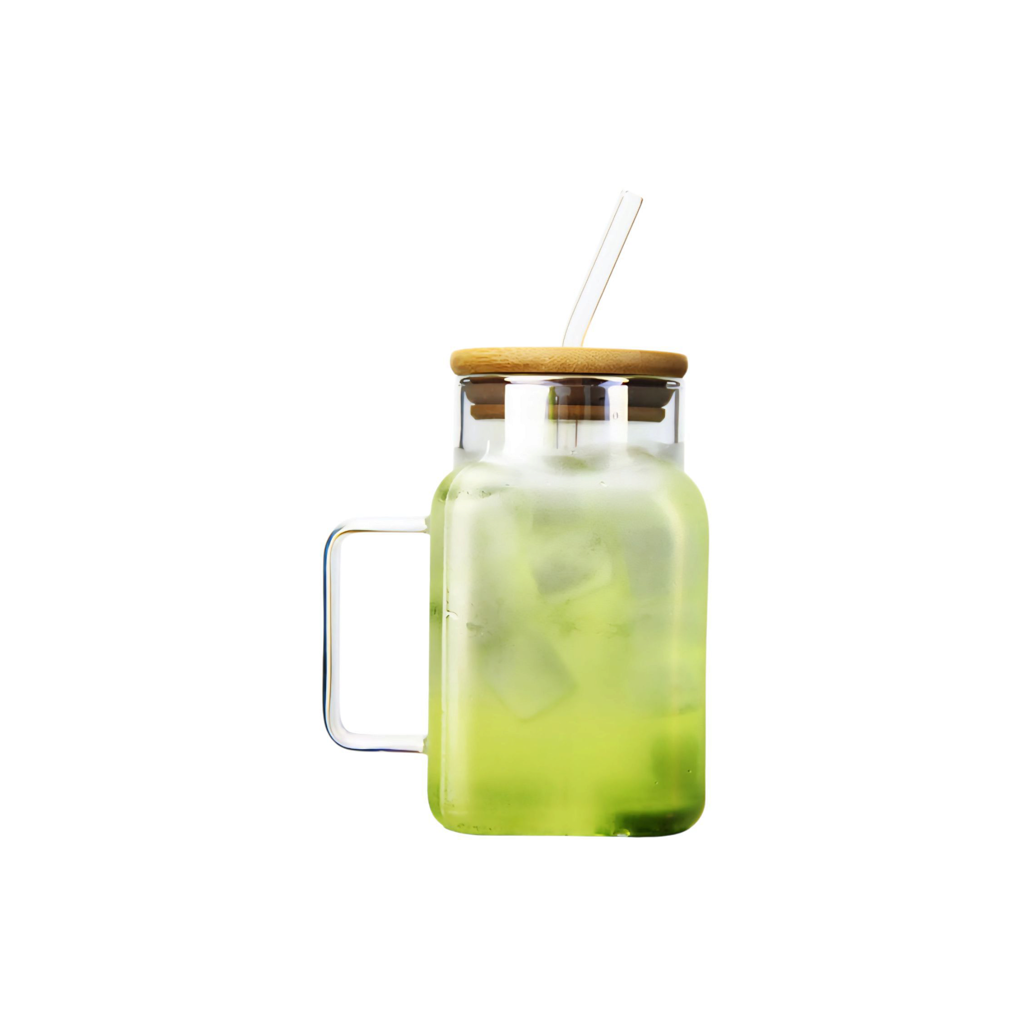 Glass Drinking Handle Mug with Bamboo Lid & Straw 13.5x7cm