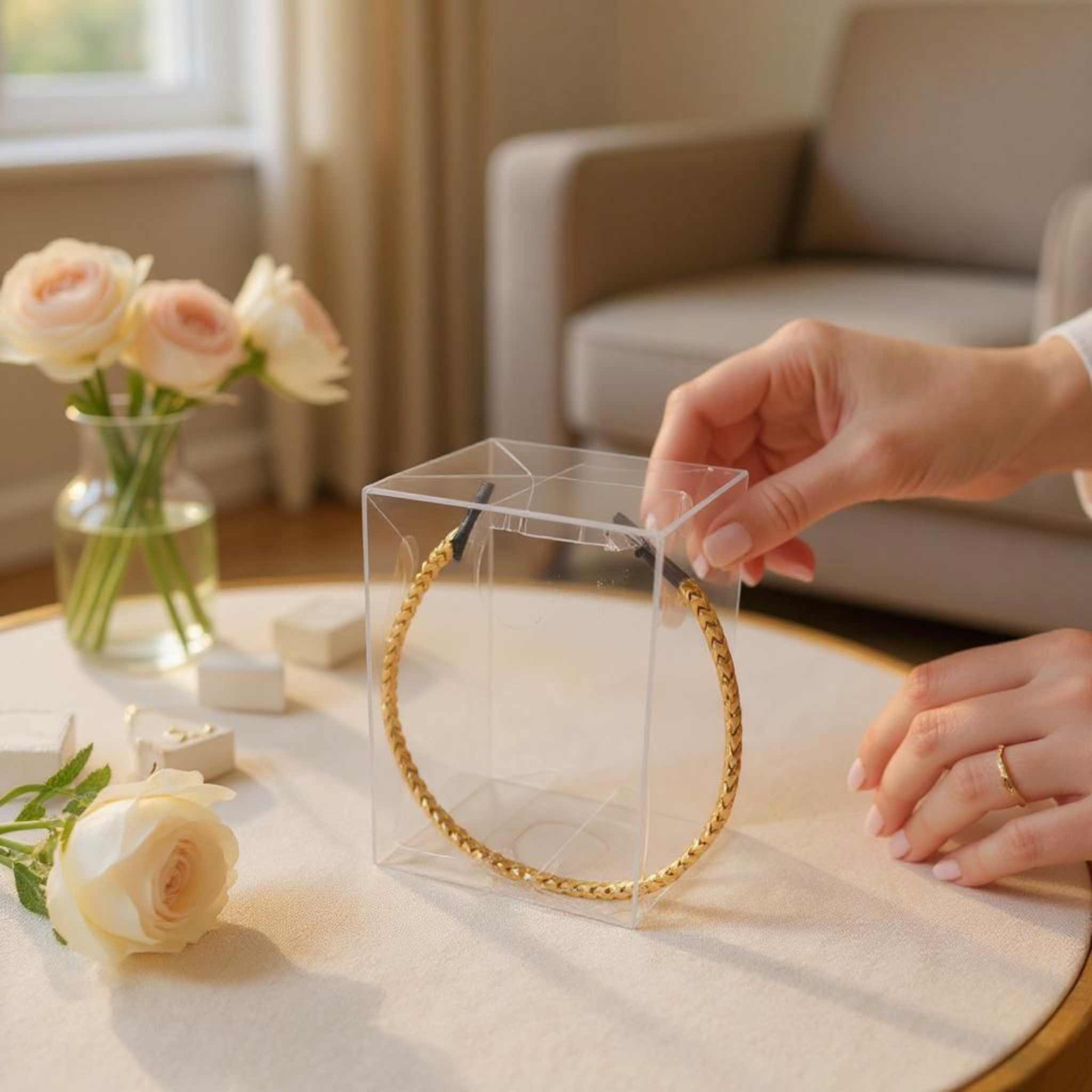 PVC Gift Box Transparent with Gold Cardboard Base & Rope String Handle 12pack