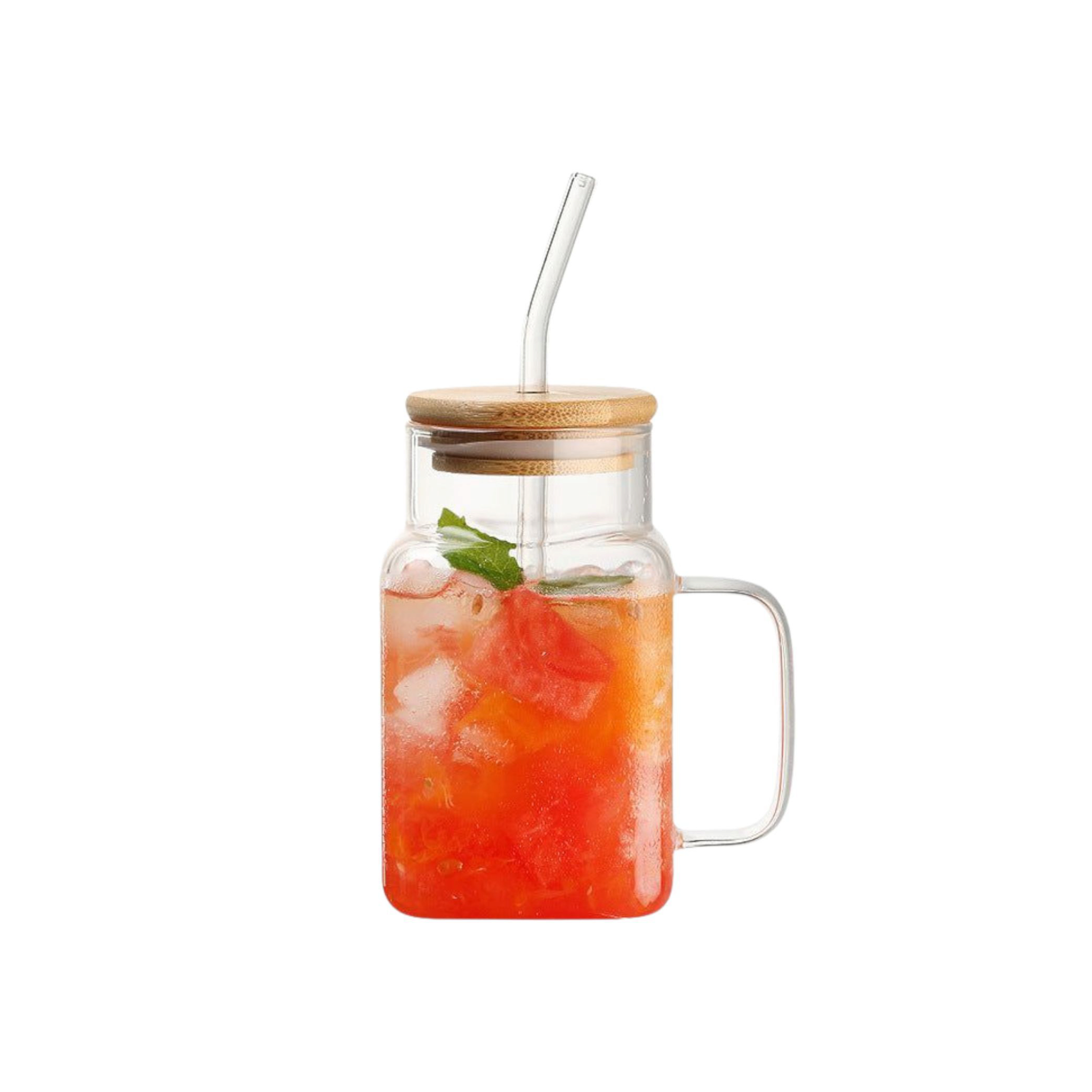 Glass Drinking Handle Mug with Bamboo Lid & Straw 13.5x7cm