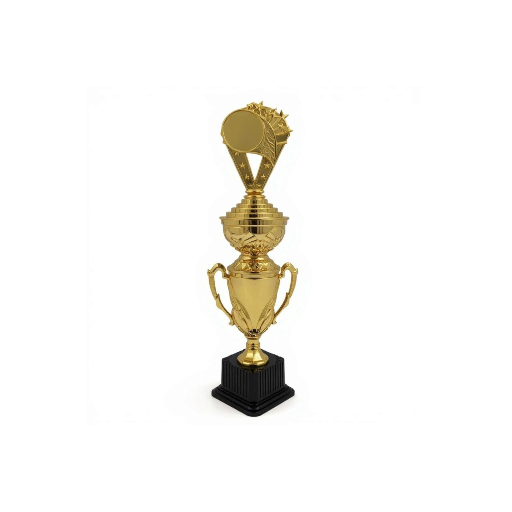 Gold Plastic Crescent Trophy liddes Cup with Black Base and Ribbon 57cm