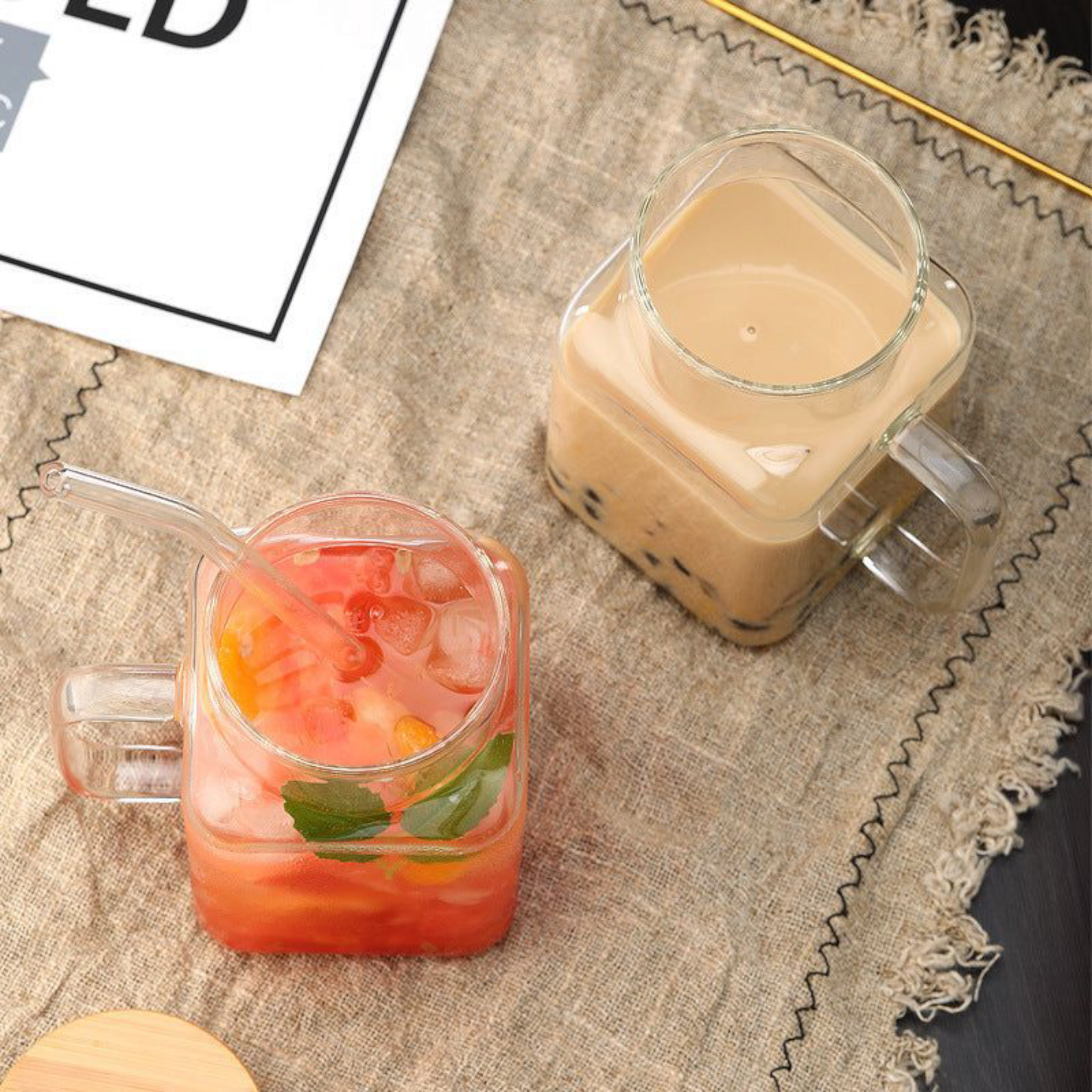 Glass Drinking Handle Mug with Bamboo Lid & Straw 13.5x7cm