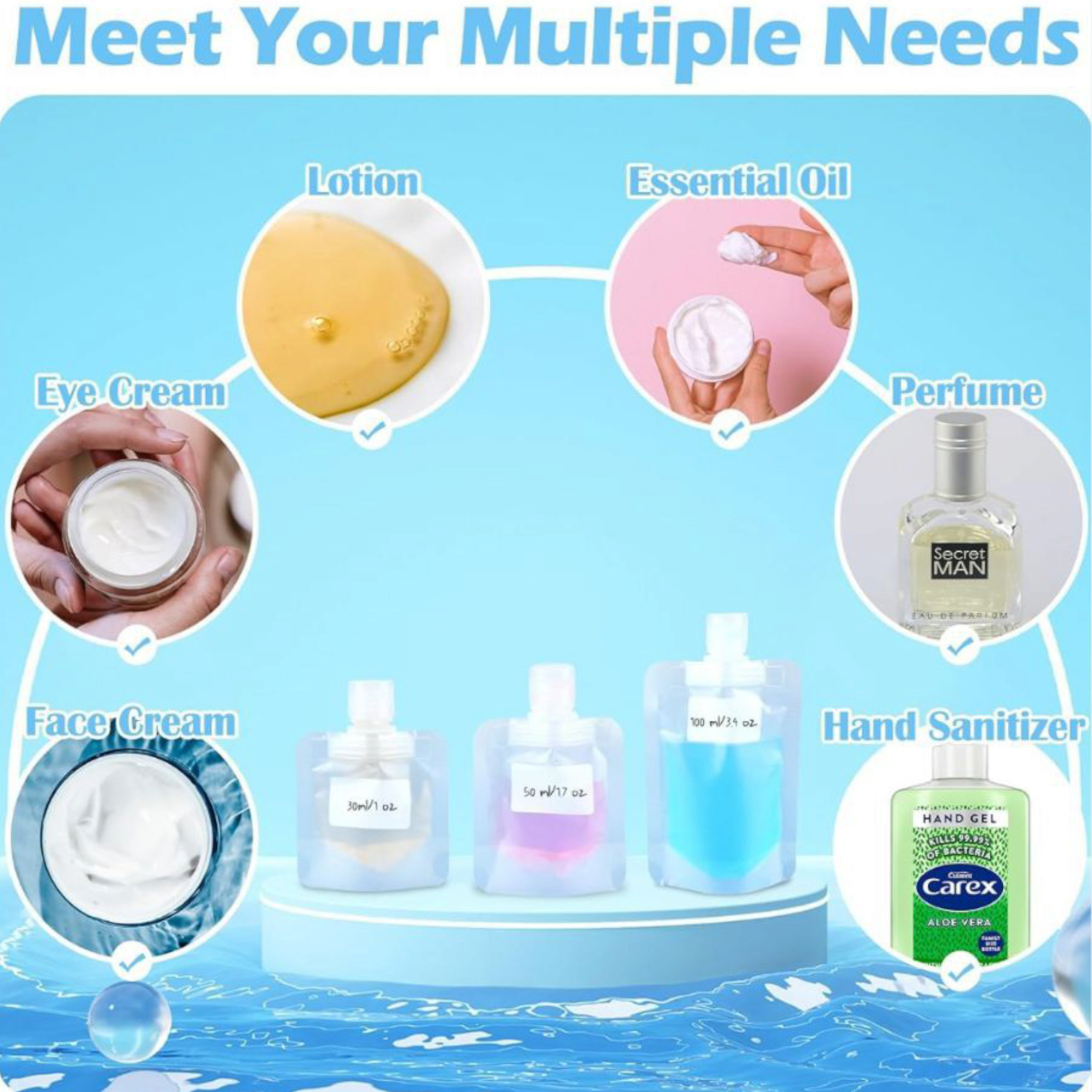 Food Grade Travel Cosmetic Lotion Shampoo Liquid Pouch Bag Sub-Packaging Clear