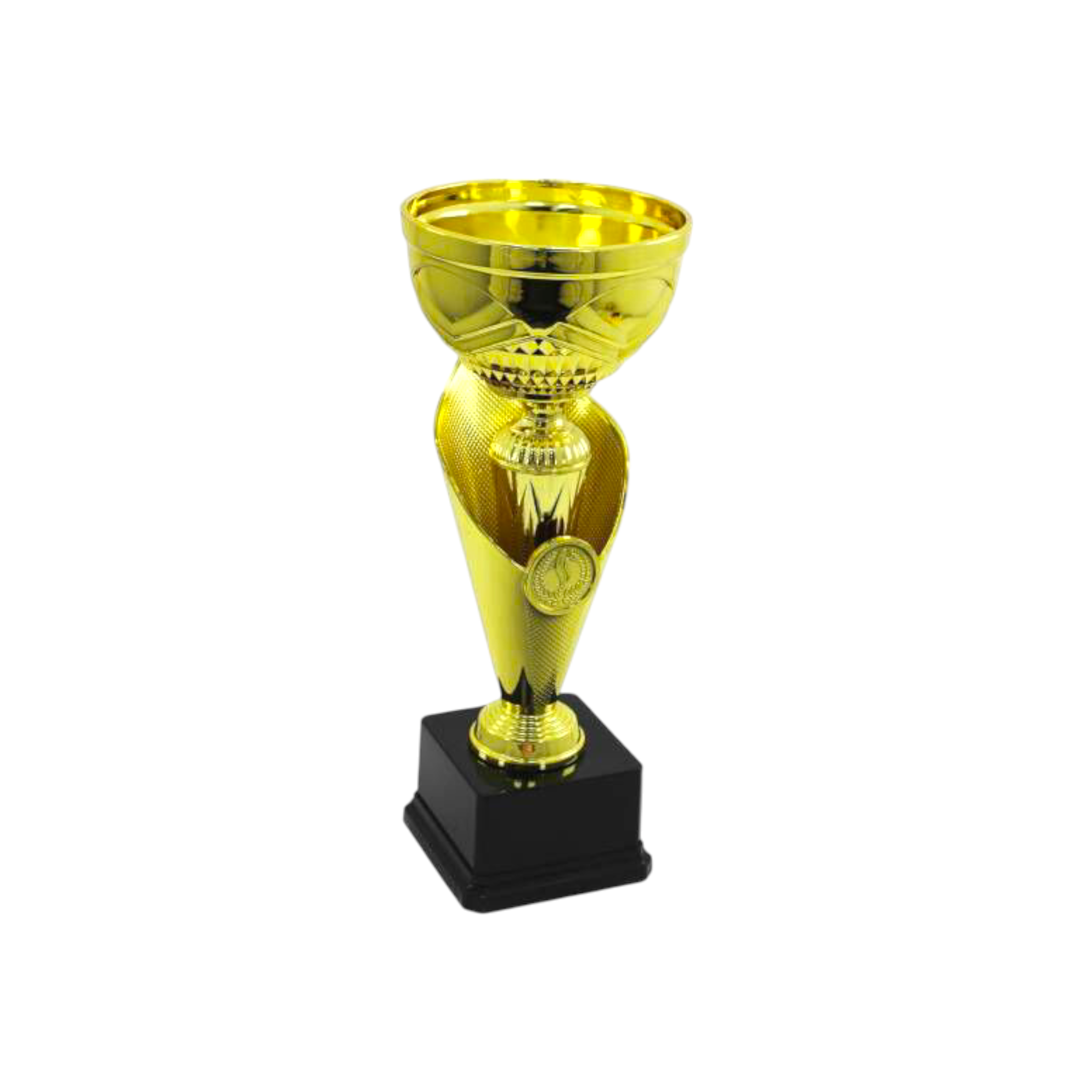 Gold Plastic Olympia Trophy Cup in a Cone with Black Base Ribbon 30cm