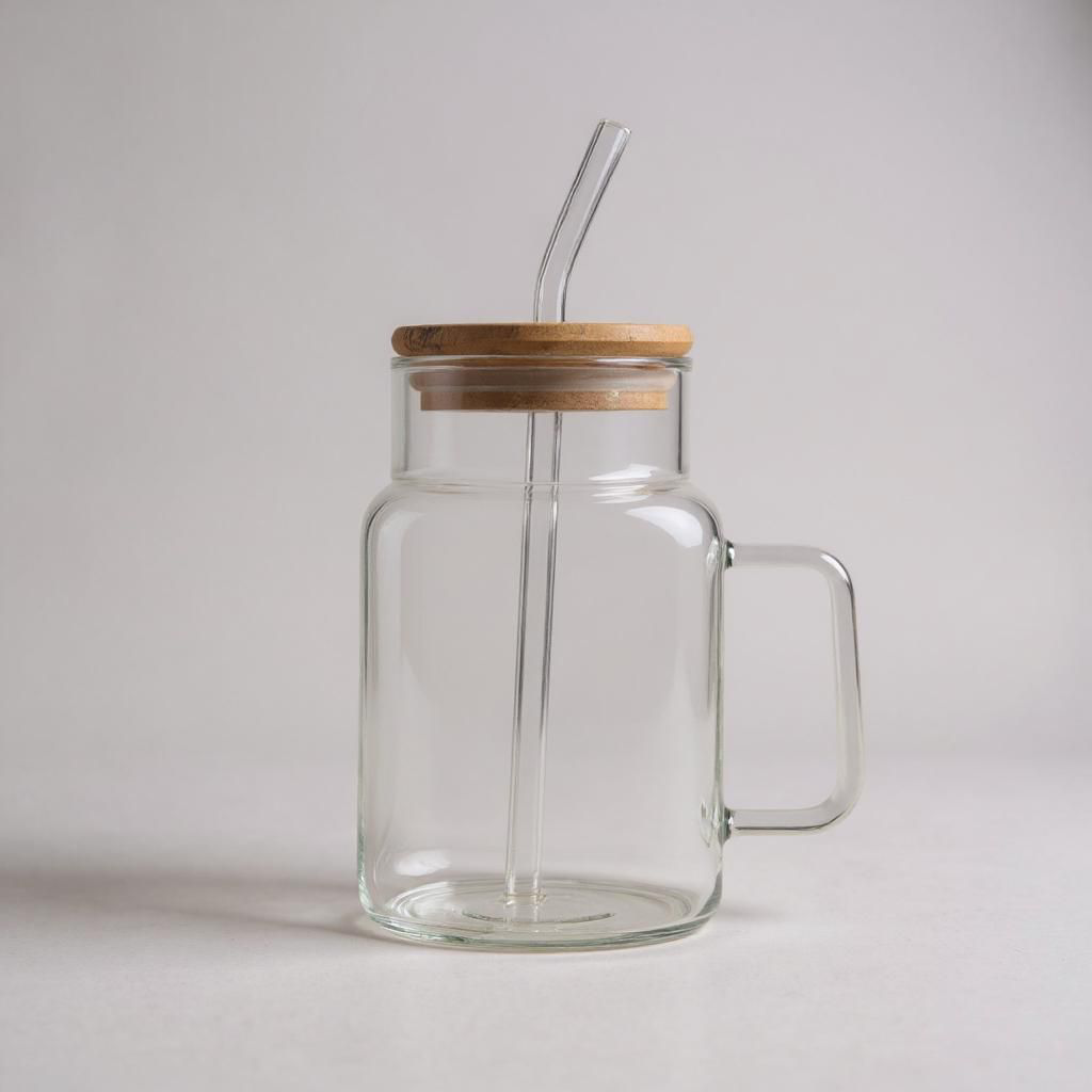 Glass Drinking Handle Mug with Bamboo Lid & Straw 13.5x7cm