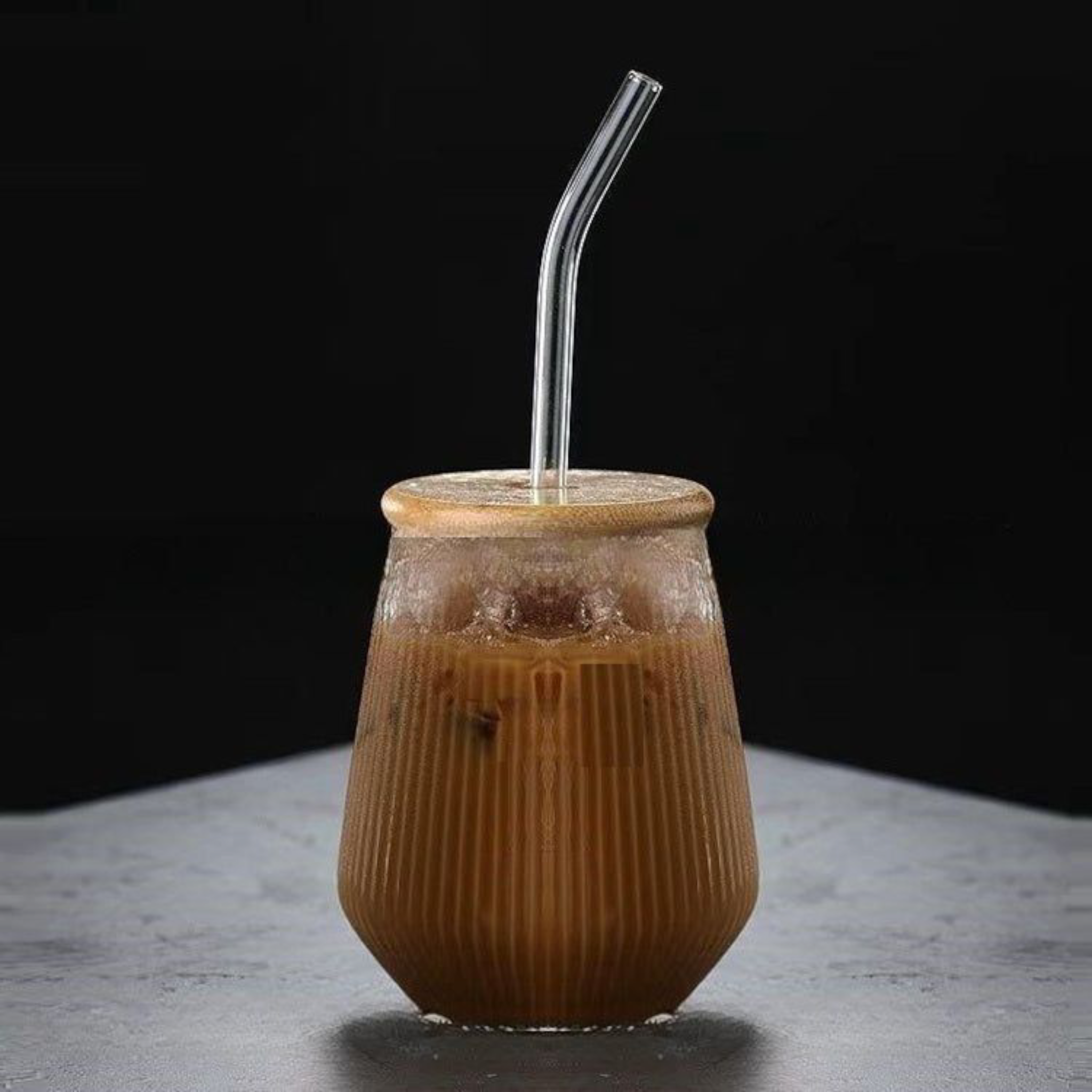 Glass Drinking Vertical Ribbed Cup 500ml with Bamboo Lid & Curved Straw 7x11cm