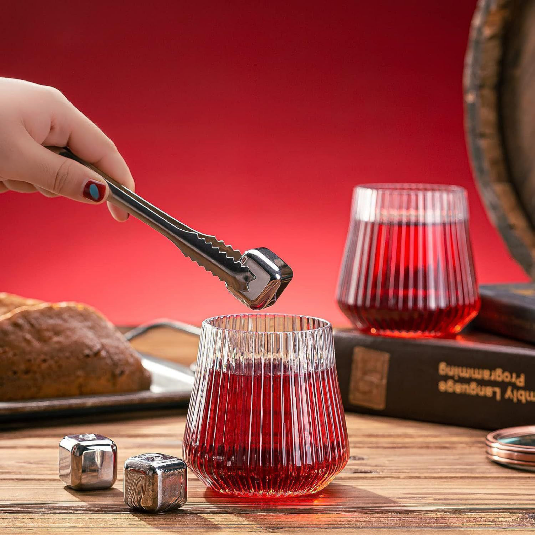 Glass Drinking Vertical Ribbed Cup 500ml with Bamboo Lid & Curved Straw 7x11cm