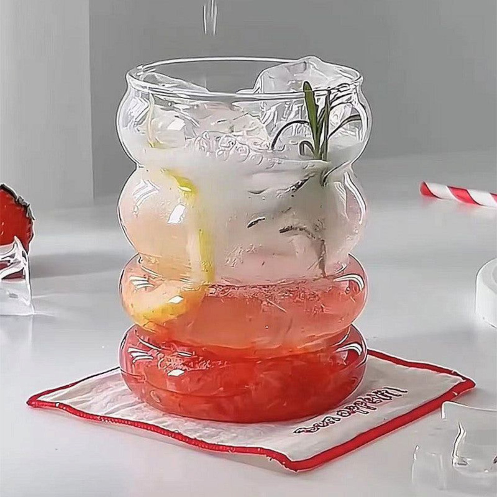 Glass Drinking Ribbed Cup 500ml with Bamboo Lid & Curved Straw 7x15cm