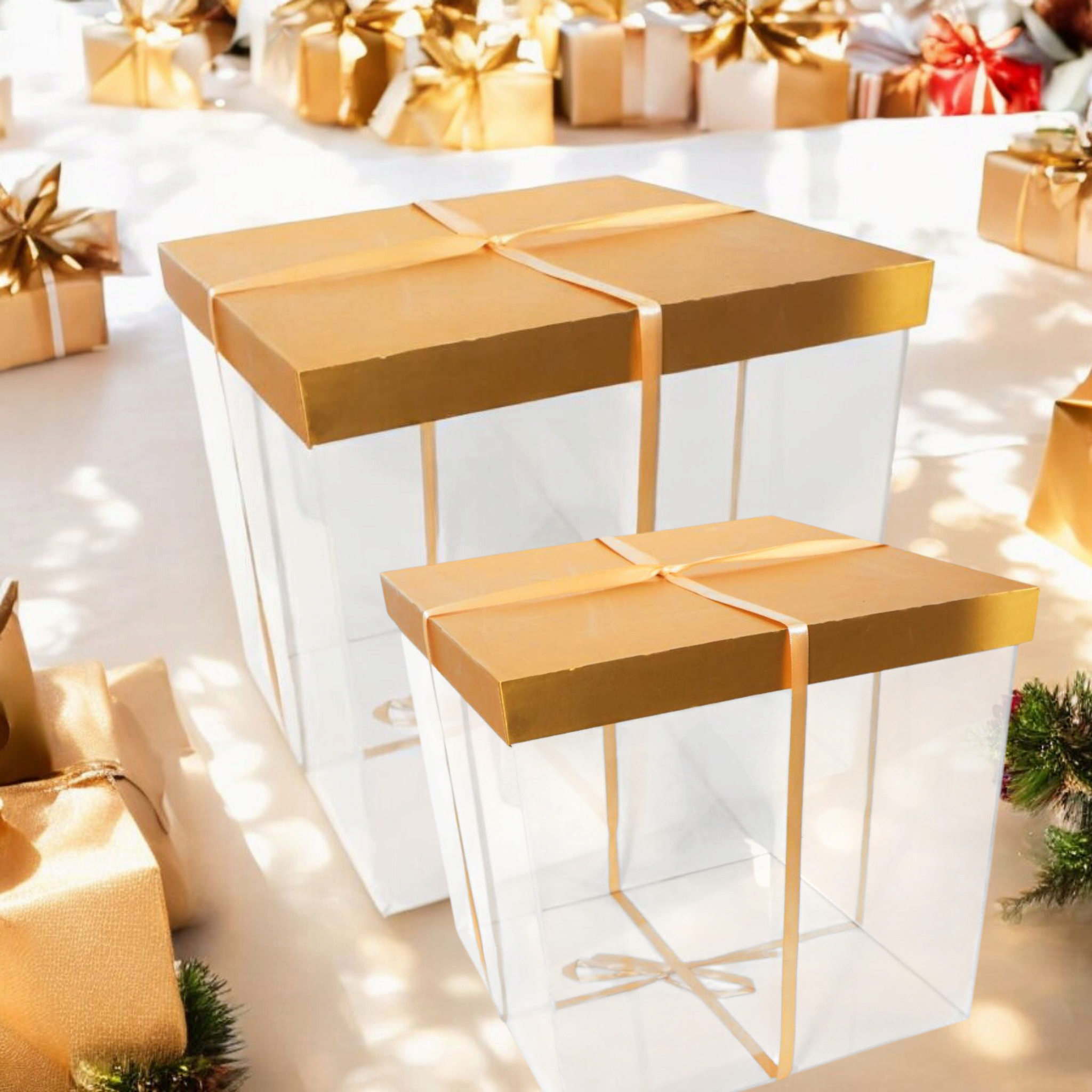 Acrylic Gift Box with Wooden Gold Lid and Ribbon 5pc Set