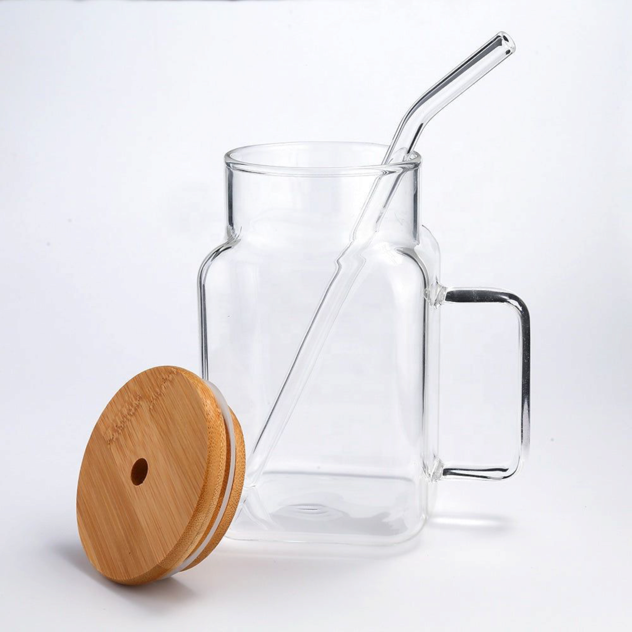 Glass Drinking Handle Mug with Bamboo Lid & Straw 13.5x7cm