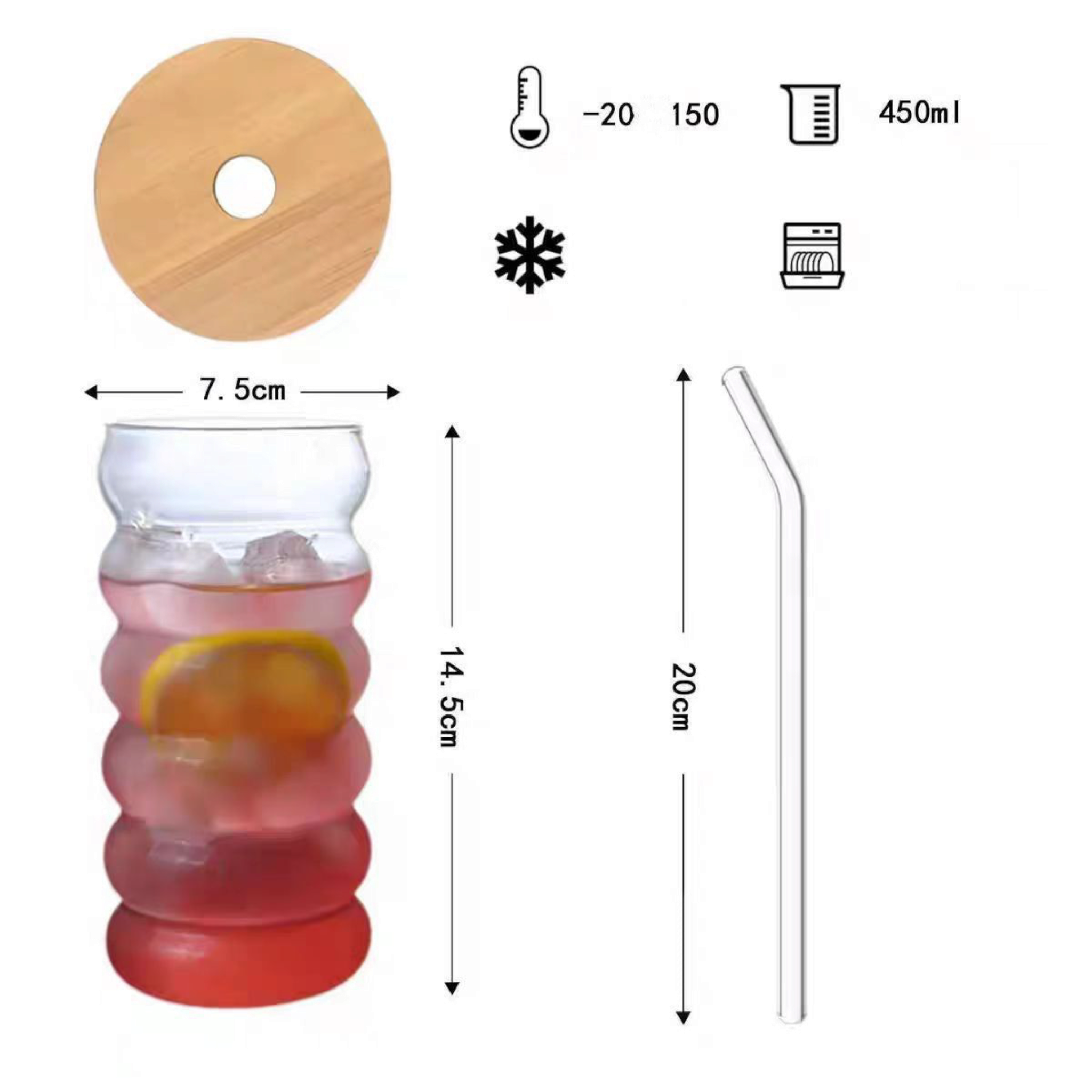 Glass Drinking Ribbed Cup 500ml with Bamboo Lid & Curved Straw 7x15cm