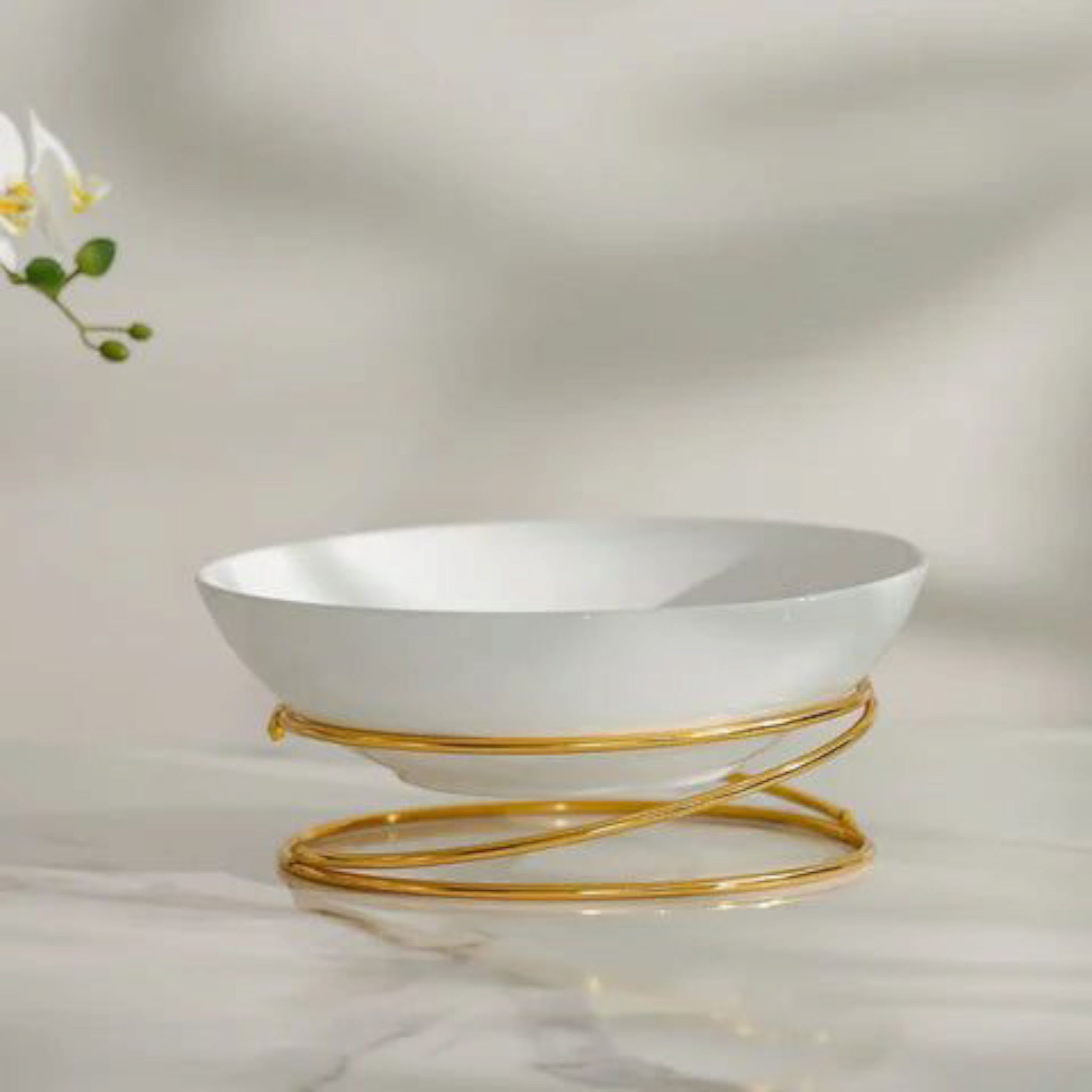 Ceramic Serving Bowl with Gold Round Spiral Stand 12.5Inch