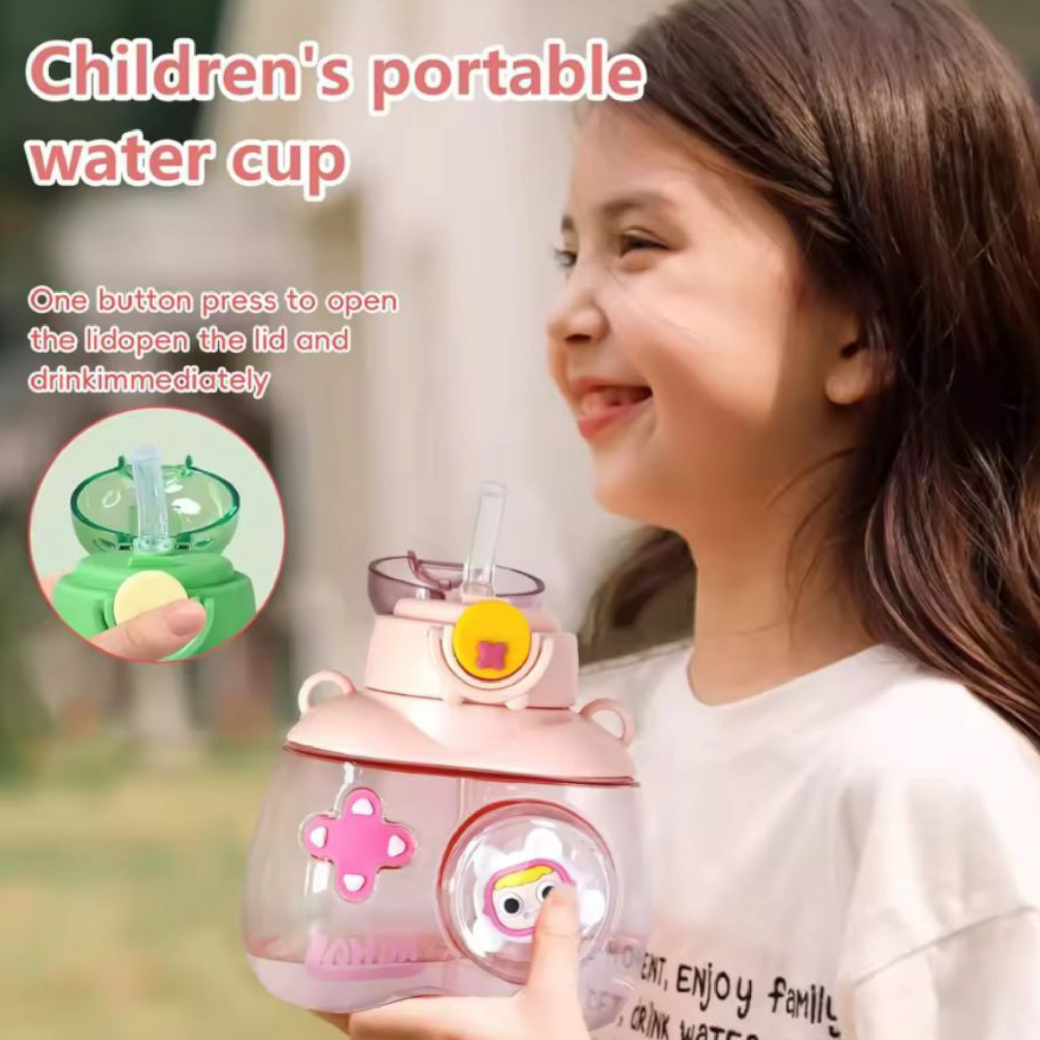 3D Bear Water Bottle 750ml with Straw & Carry Strap