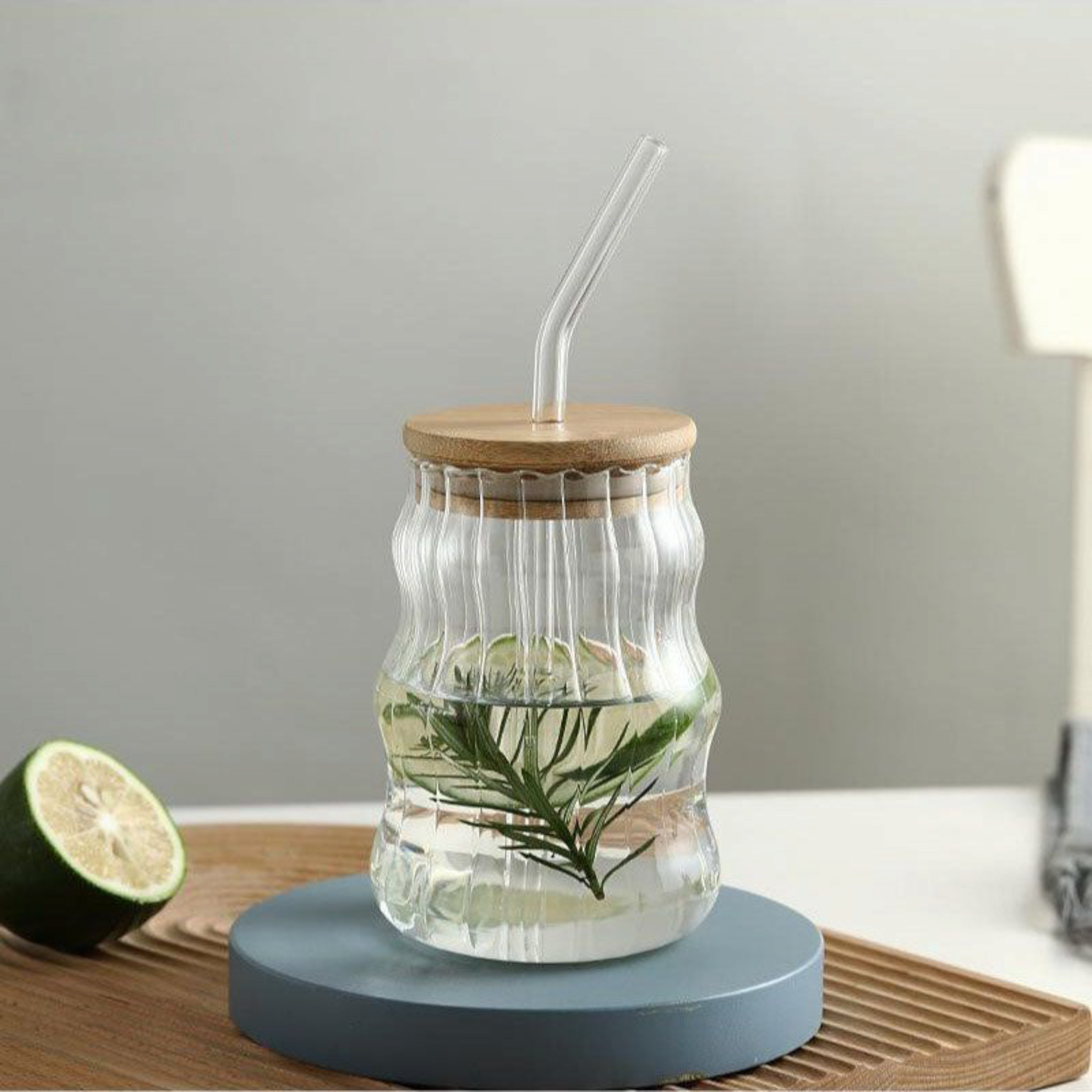 Glass Drinking Wavy Cup Ribbed  with Bamboo Lid & Glass Curved Straw 500ml 7x15cm