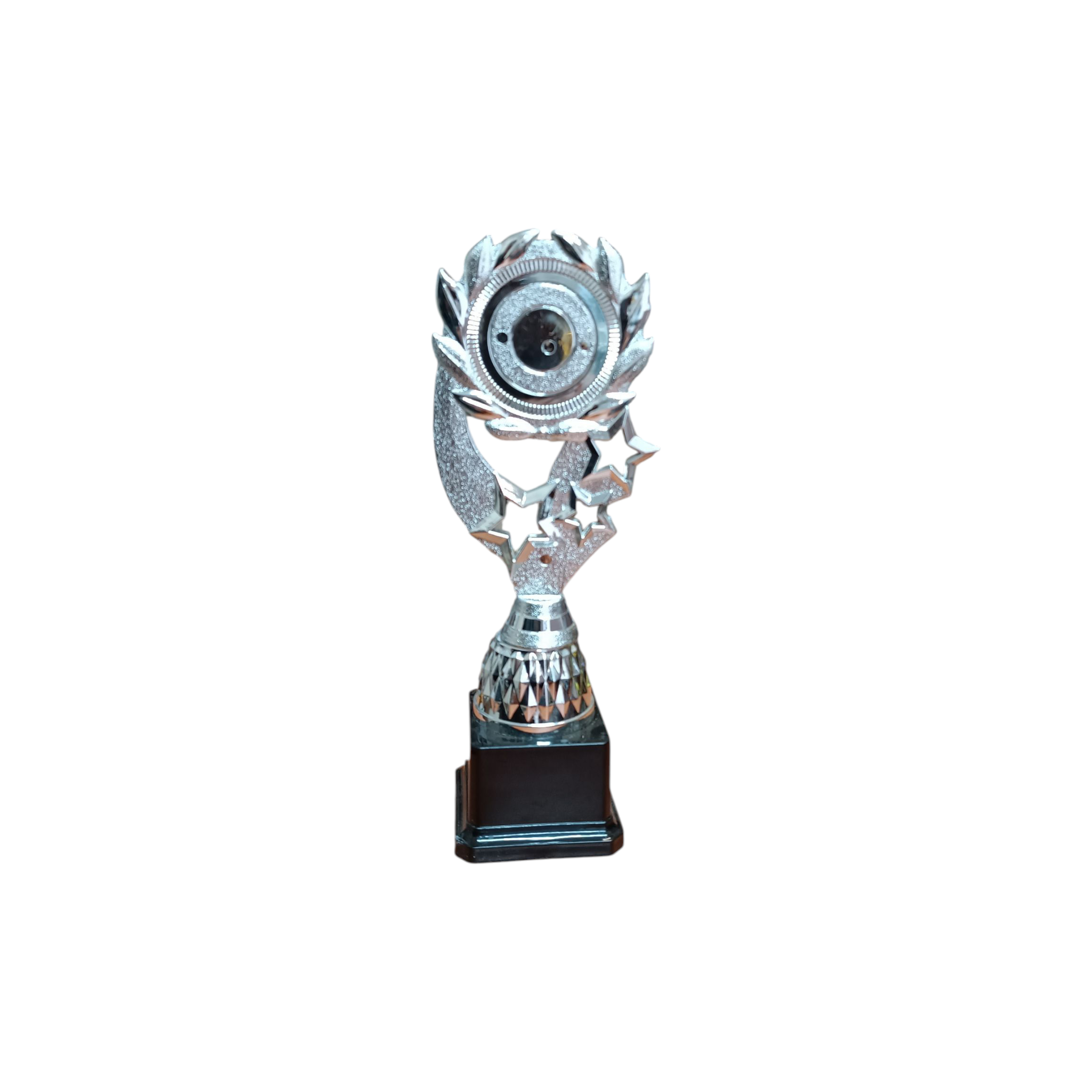 Silver Plastic Trophy Olympia On Black Base 25cm