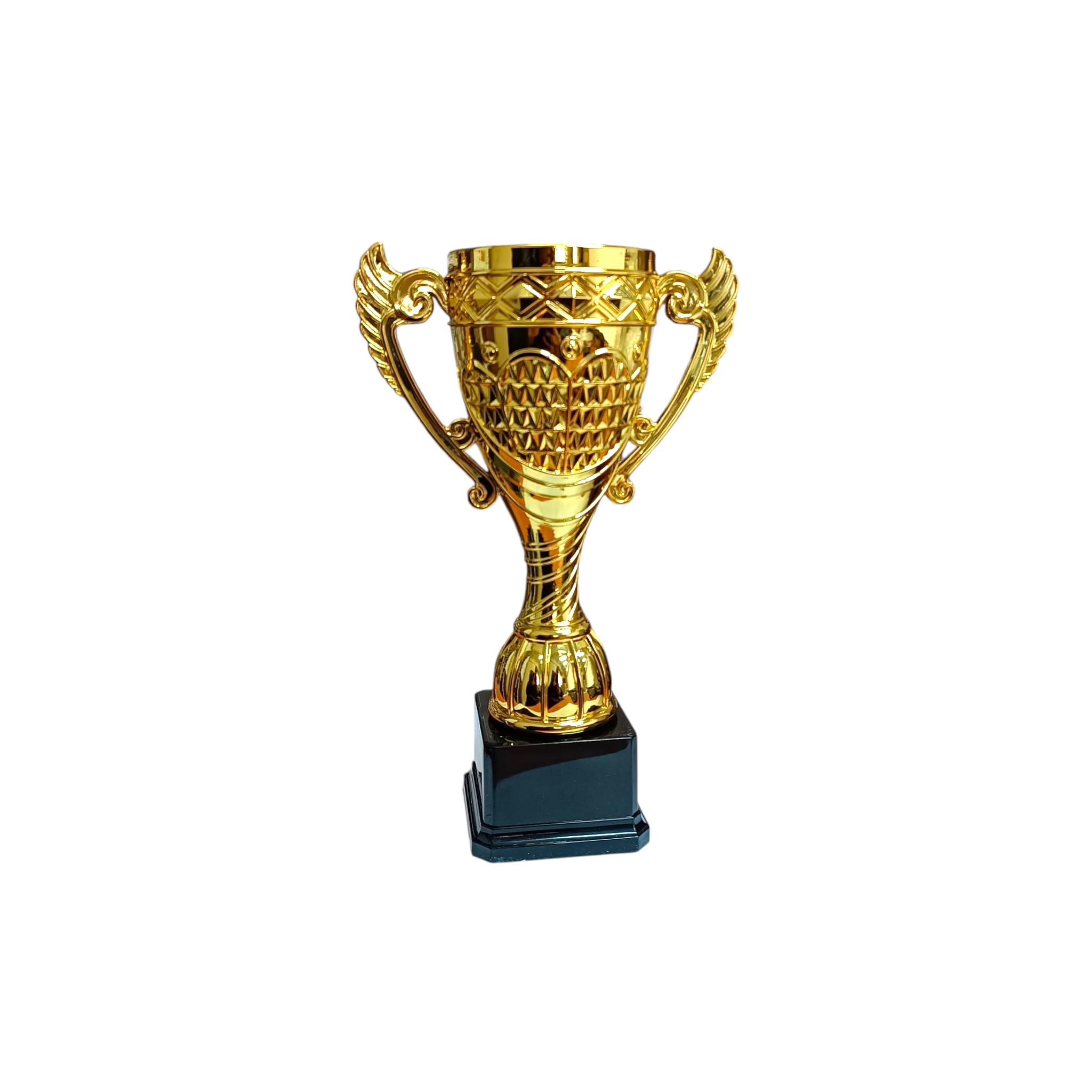 Gold Plastic Trophy with Black Base Ribbon 31cm