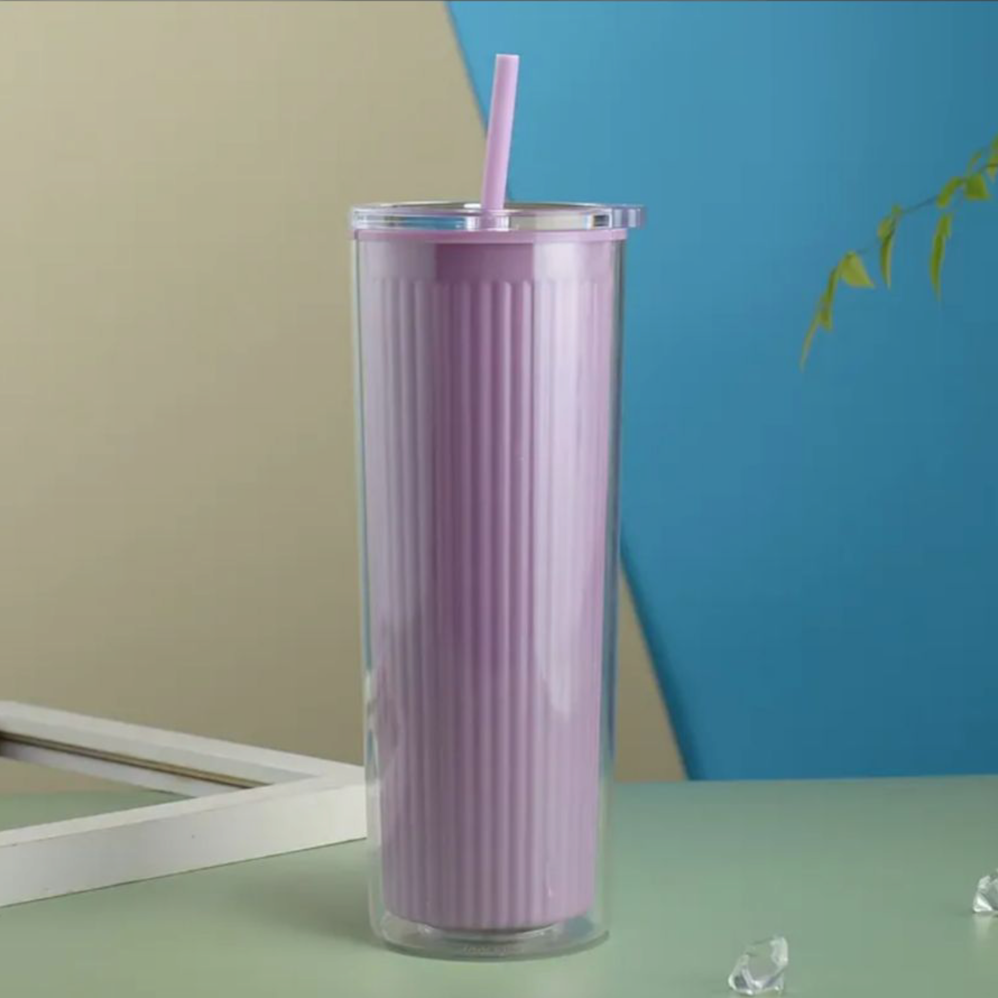 720ml Acrylic Drinking Tumbler Bottle with Lid & Straw 23x9cm