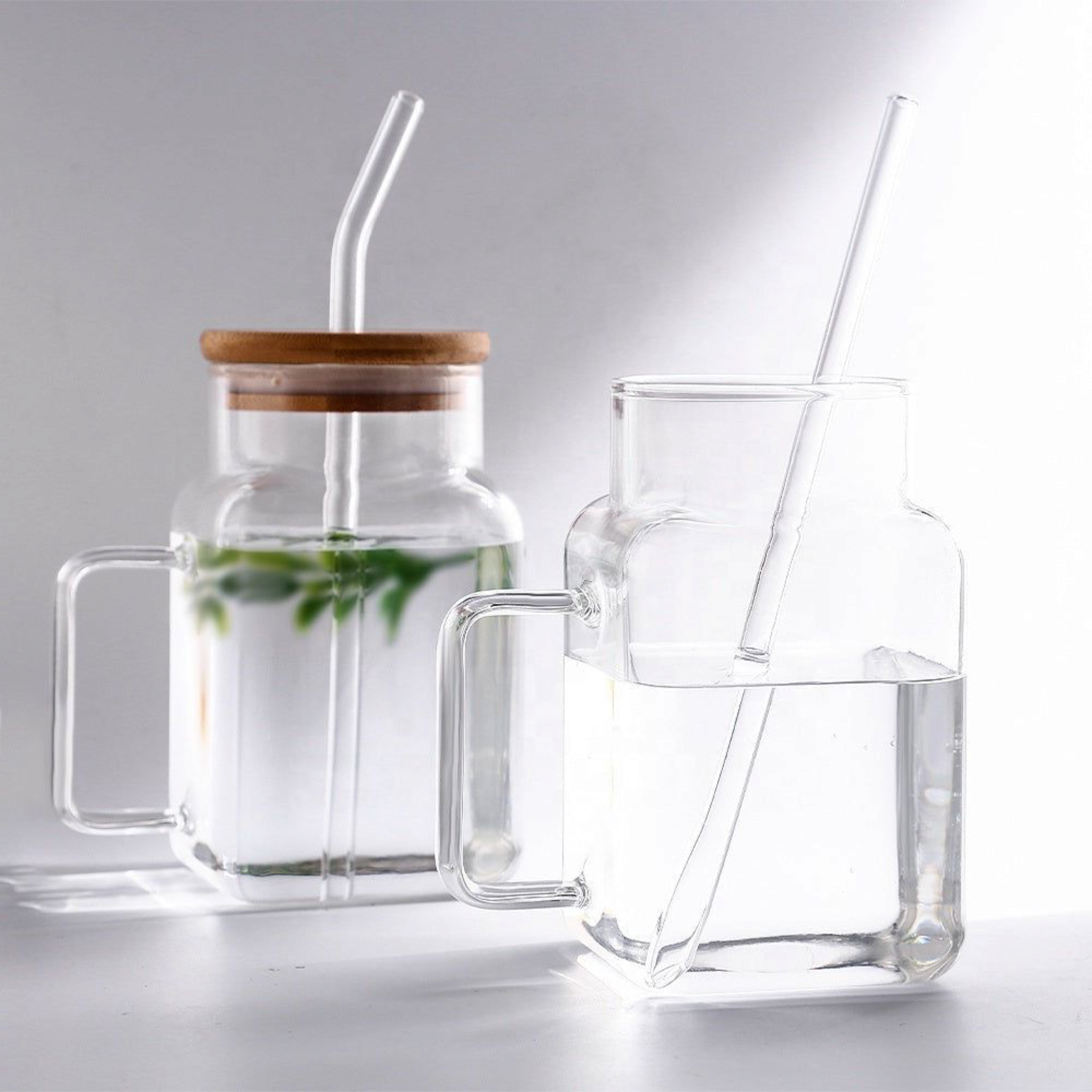 Glass Drinking Handle Mug with Bamboo Lid & Straw 13.5x7cm
