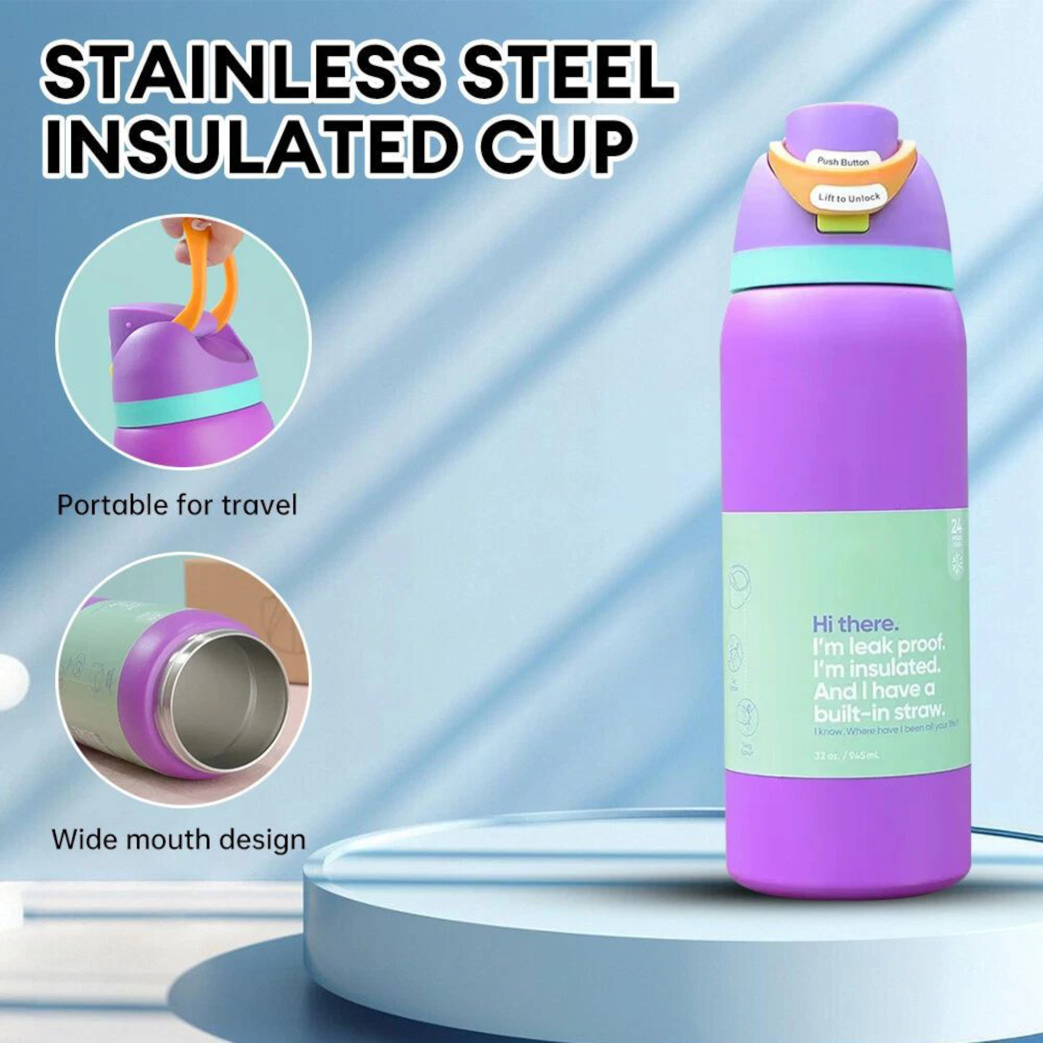 960ml Aqua Stainless Steel Double-Layer Insulated Water Bottle -1pc