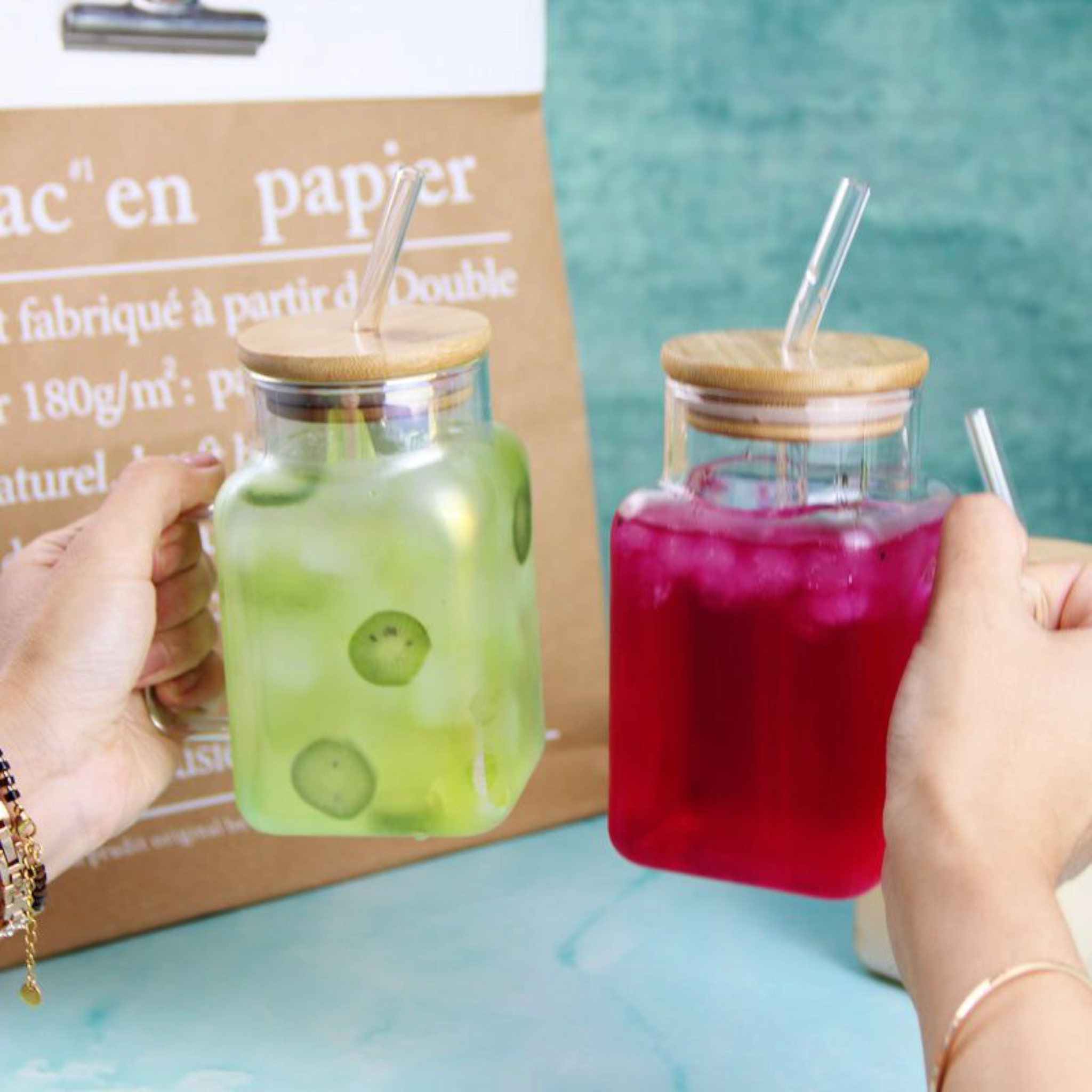 Glass Drinking Handle Mug with Bamboo Lid & Straw 13.5x7cm