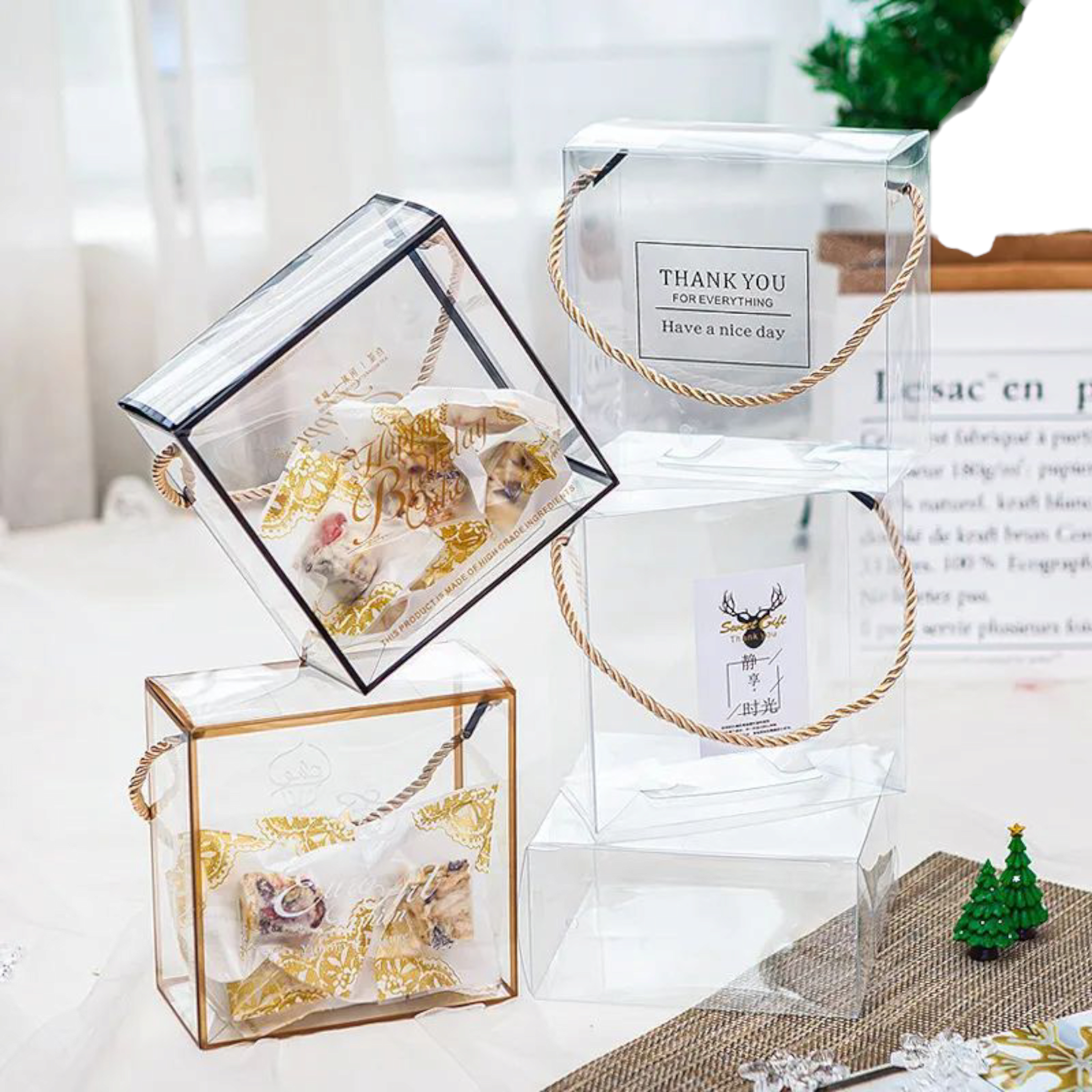 PVC Gift Box Silver Bordered with Rope String Handle 18x18x9cm Transparent