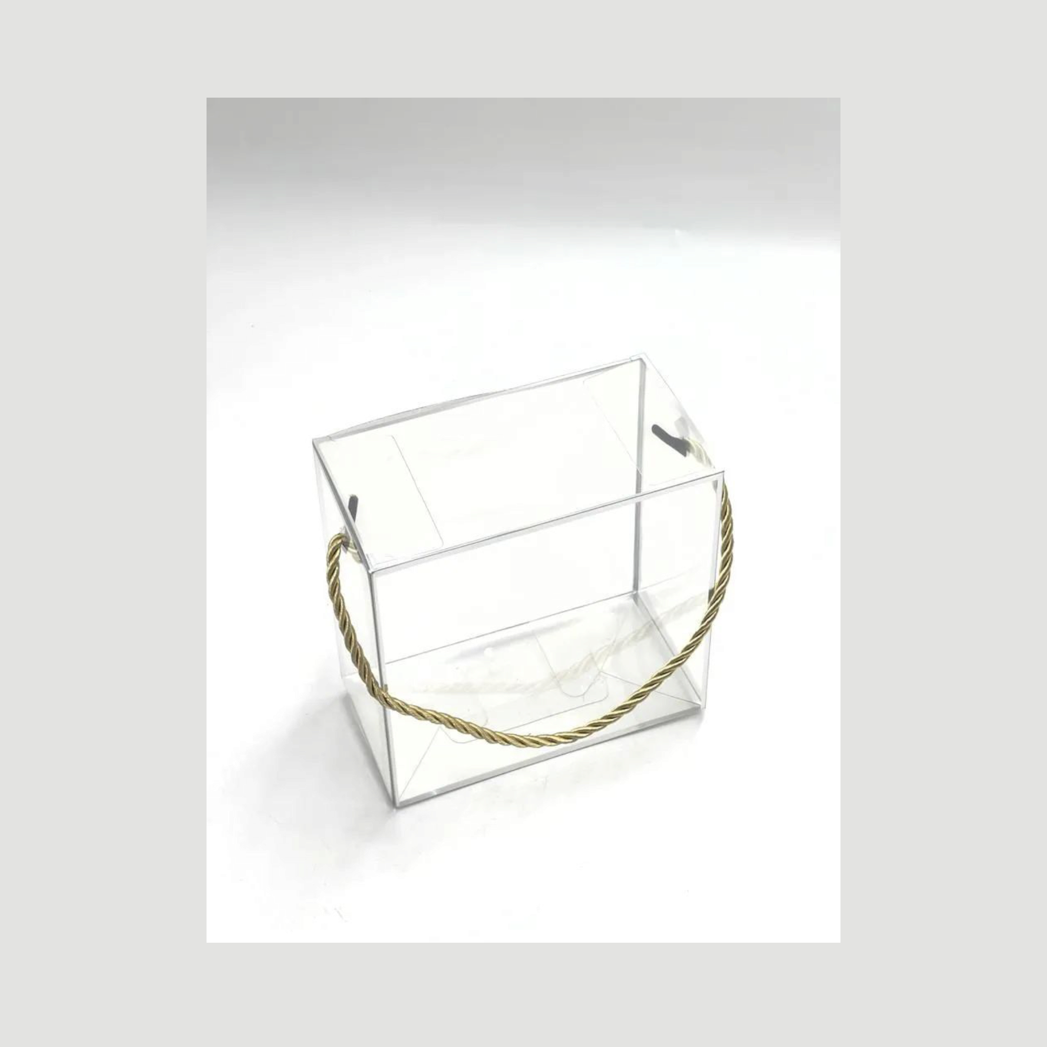 PVC Gift Box Silver Bordered with Rope String Handle 18x18x9cm Transparent