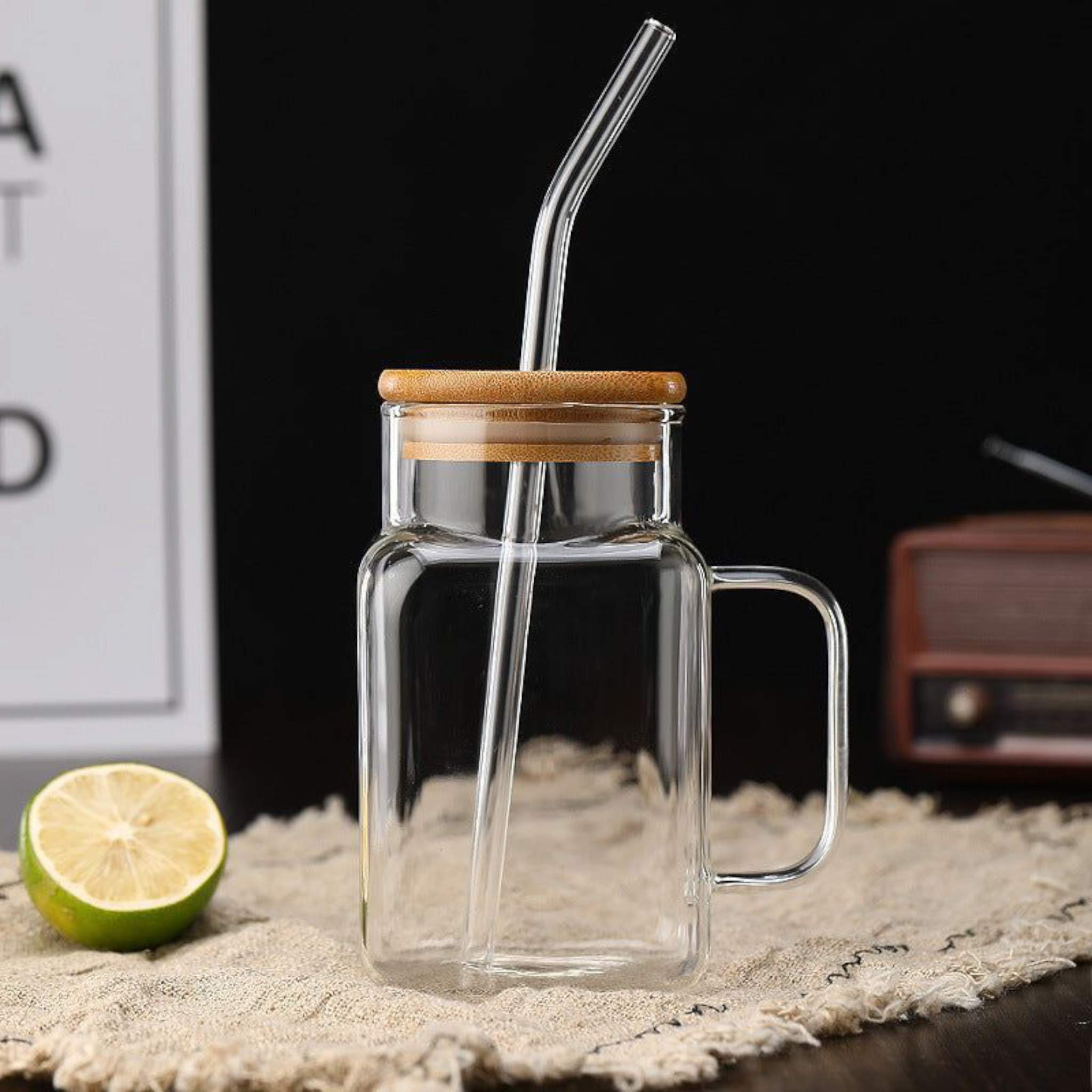 Glass Drinking Handle Mug with Bamboo Lid & Straw 13.5x7cm
