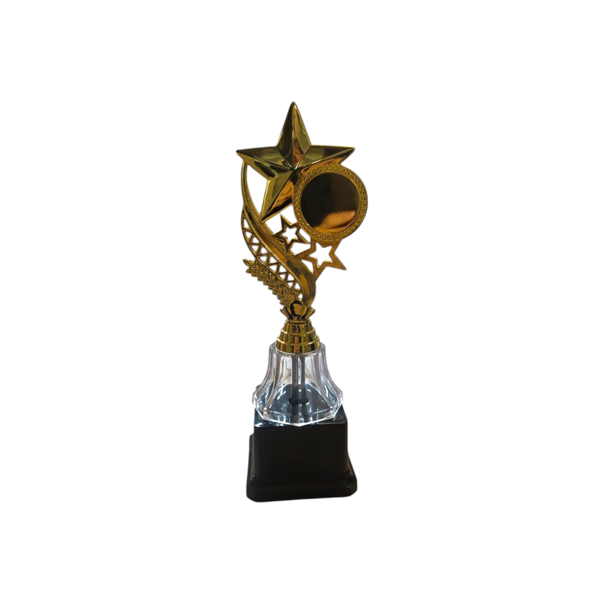 Gold Plastic Crescent Trophy on Black Plastic base 23.5cm