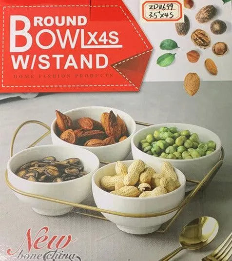 White Ceramic Serving Dipping Round Snacks Fruit & Nut Bowl with Stand 9cm 4pc Set