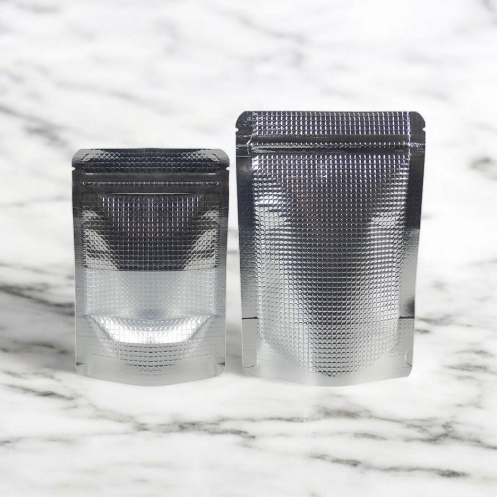 Aluminium Silver Embossed Metalized Zip Lock Resealable Stand-Up Foil Bag with Window 10pack