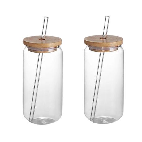 Glass Drinking Can Bottle with Bamboo Lid Corner Hole and Borosilicate Straw