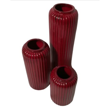 Ceramic Flower Vase Louise Ribbed Bottle Base 17.5x11cm Red
