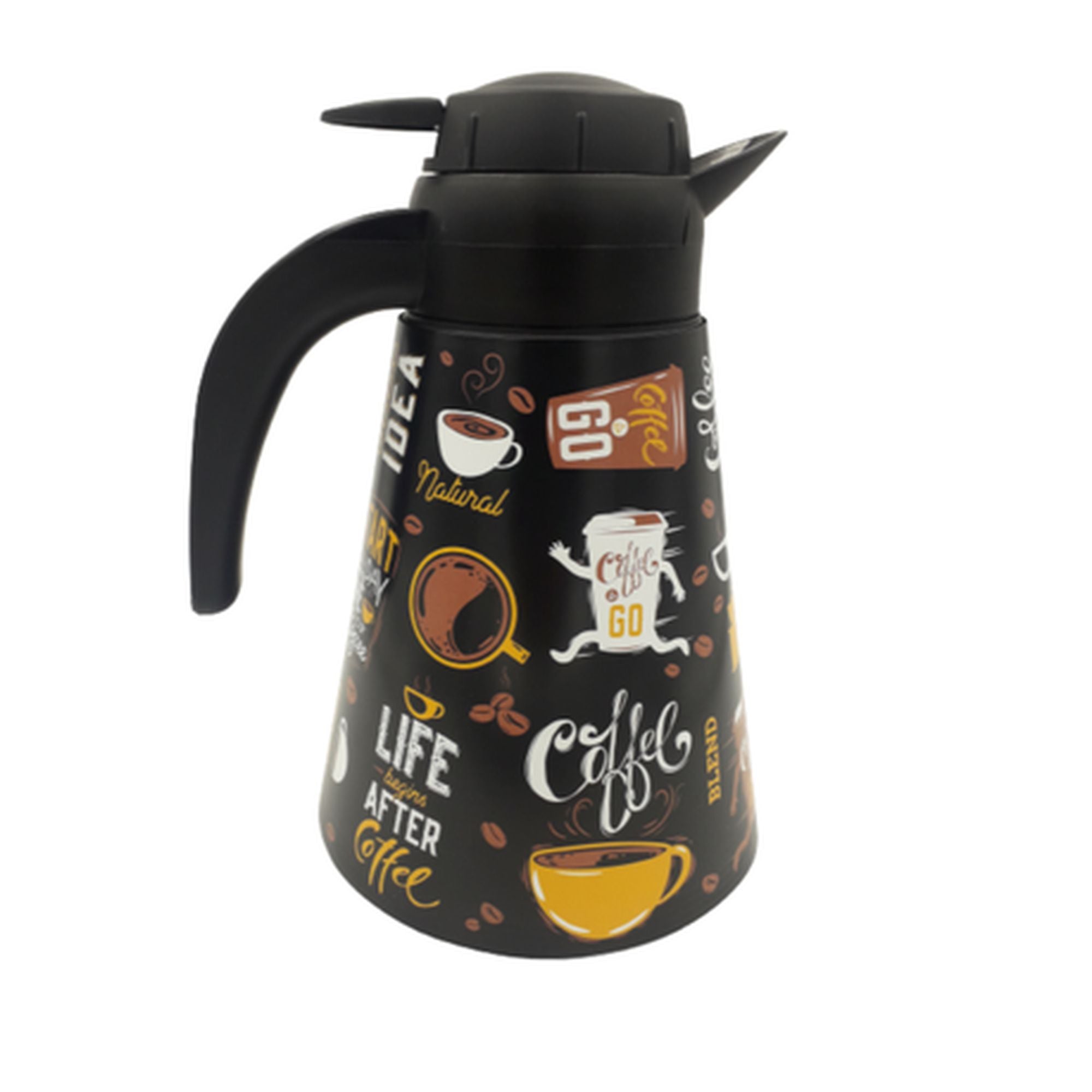 Conical Vacuum Thermal Flask 1.2L Teapot Black Print Decorated