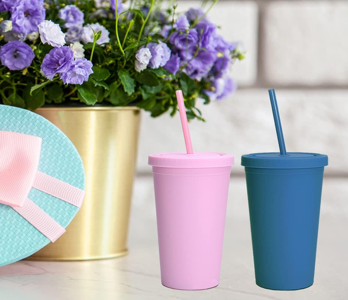 Acrylic Drinking Tumbler 450ml Pastel Colored Matte Finish Cup & Straw