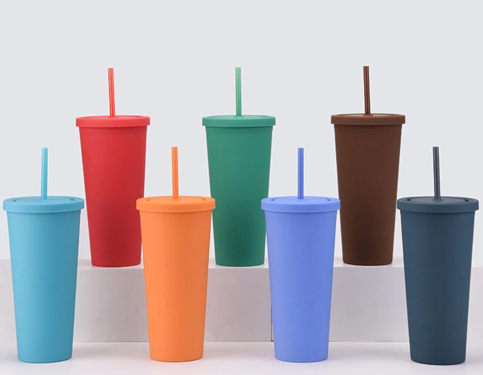 Acrylic Drinking Tumbler 450ml Solid Colored Matte Finish Cup & Straw