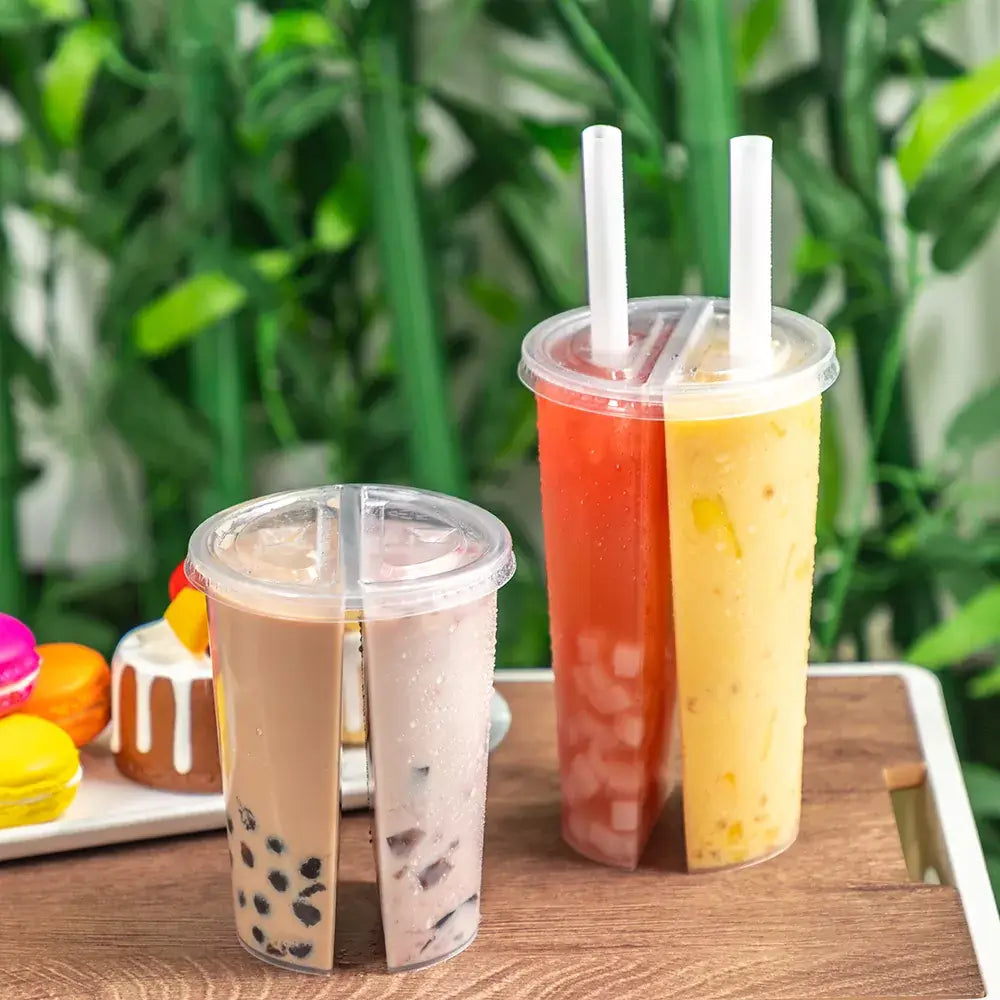 Double-Sided Split PP Plastic Cup 700ml Dual Flavor Beverage Drinking Tumbler with Disposable Lid