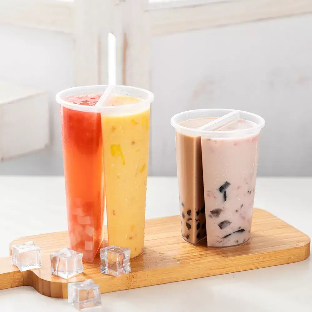 Double-Sided Split PP Plastic Cup 700ml Dual Flavor Beverage Drinking Tumbler with Disposable Lid