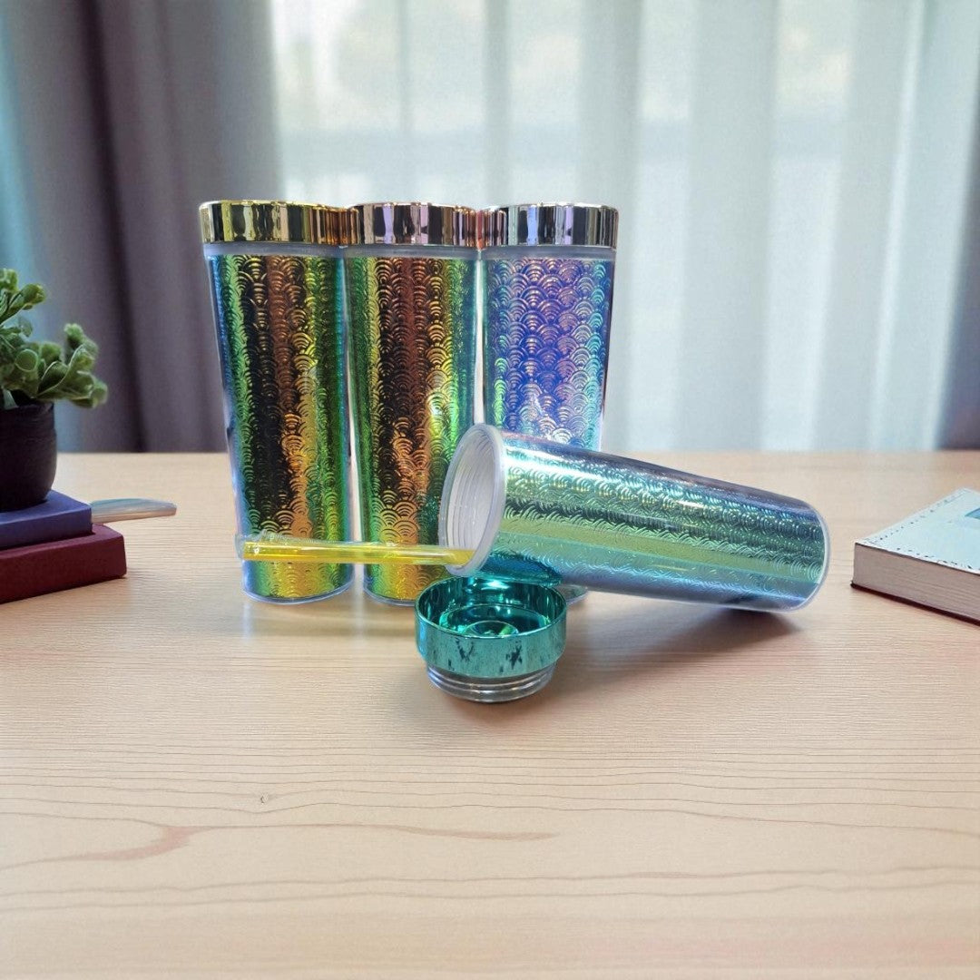 473ml  Skinny Iridescent Drinking Tumbler Acrylic Reusable with Lid & Straw 21x7cm