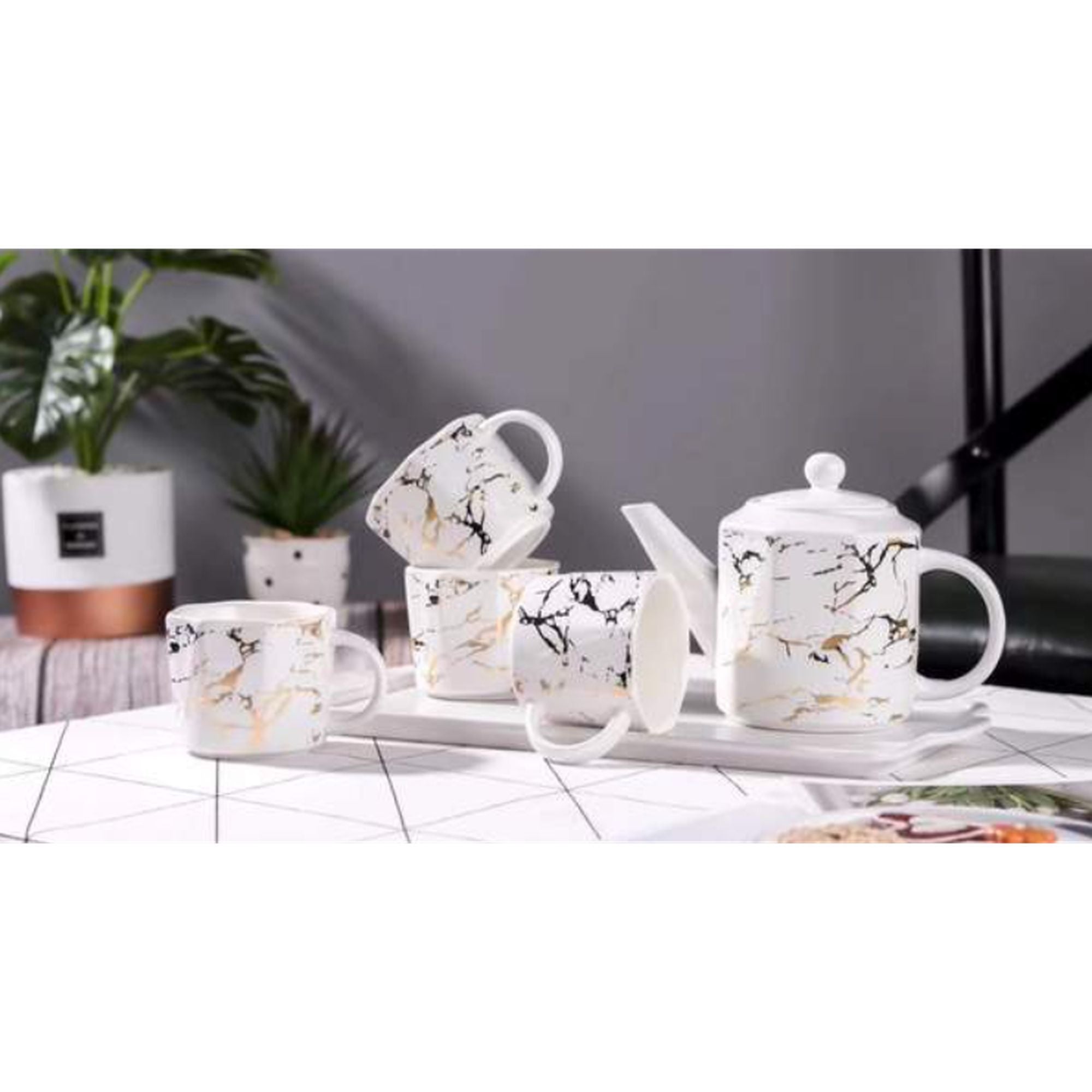 Ceramic Teapot Set and Cups Grey with Gold Marble 7pcs