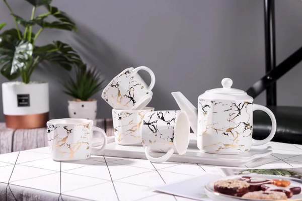 Ceramic Teapot Set and Cups White with Gold Marble 7pcs