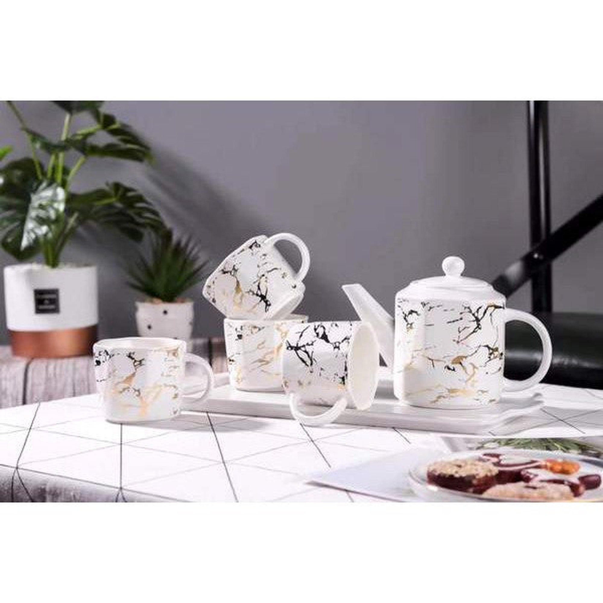 Ceramic Teapot Set and Cups Grey with Gold Marble 7pcs