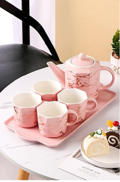 Ceramic Teapot Set and Cups Pink with Gold Marble 7pcs