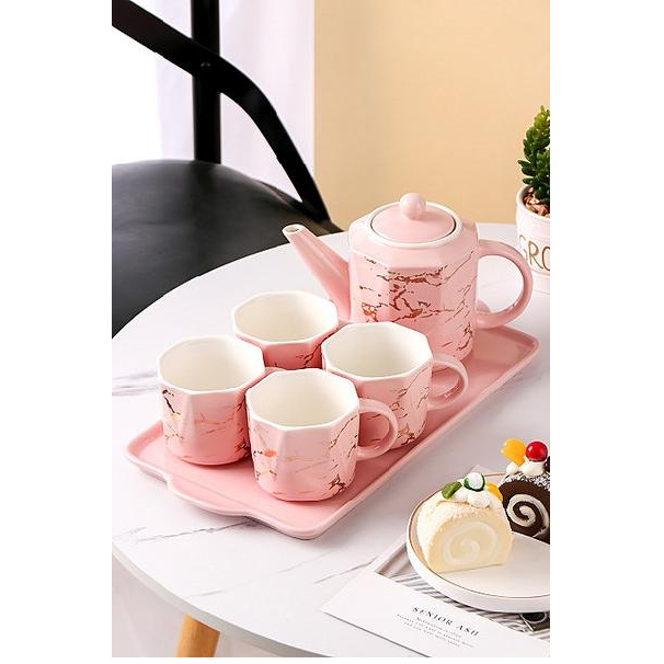 Ceramic Teapot Set and Cups Pink with Gold Marble 7pcs