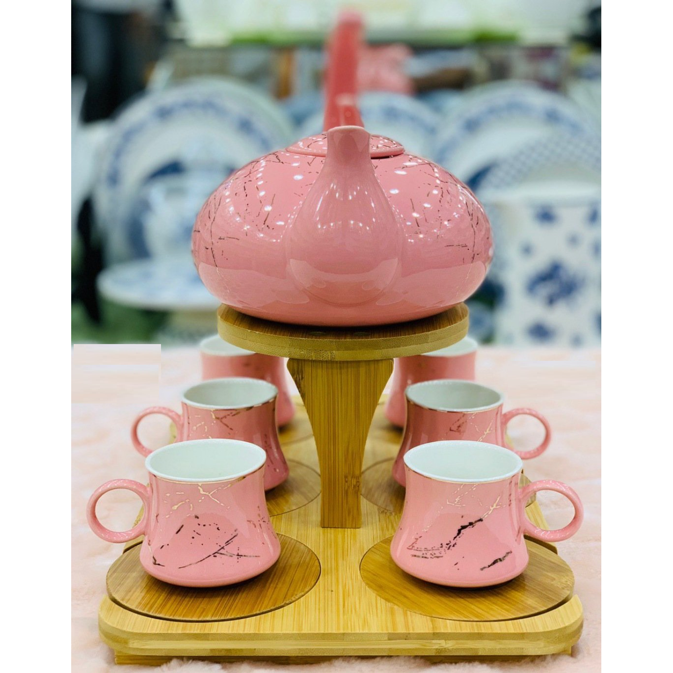 Chinese Ceramic Tea Set  Kettle Cup & Saucer and Tray 14pc Set Pink