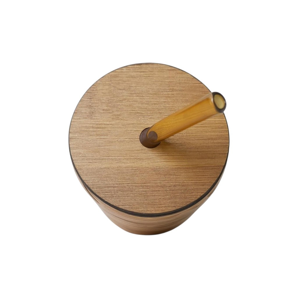 Amber Glass Drinking Ribbed Cup 500ml with Bamboo Lid & Amber Curved Straw 7x15cm