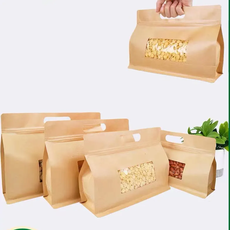 Kraft Stand up Pouch Party Treats Paper Bag Flat Bottom with Window & Handle