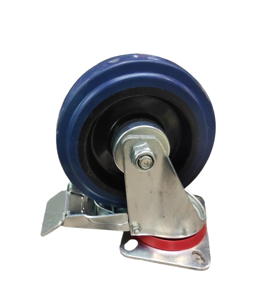 Castor Wheel 125mm Blue Rubber Swivel Plate Brake 377NGR125P100